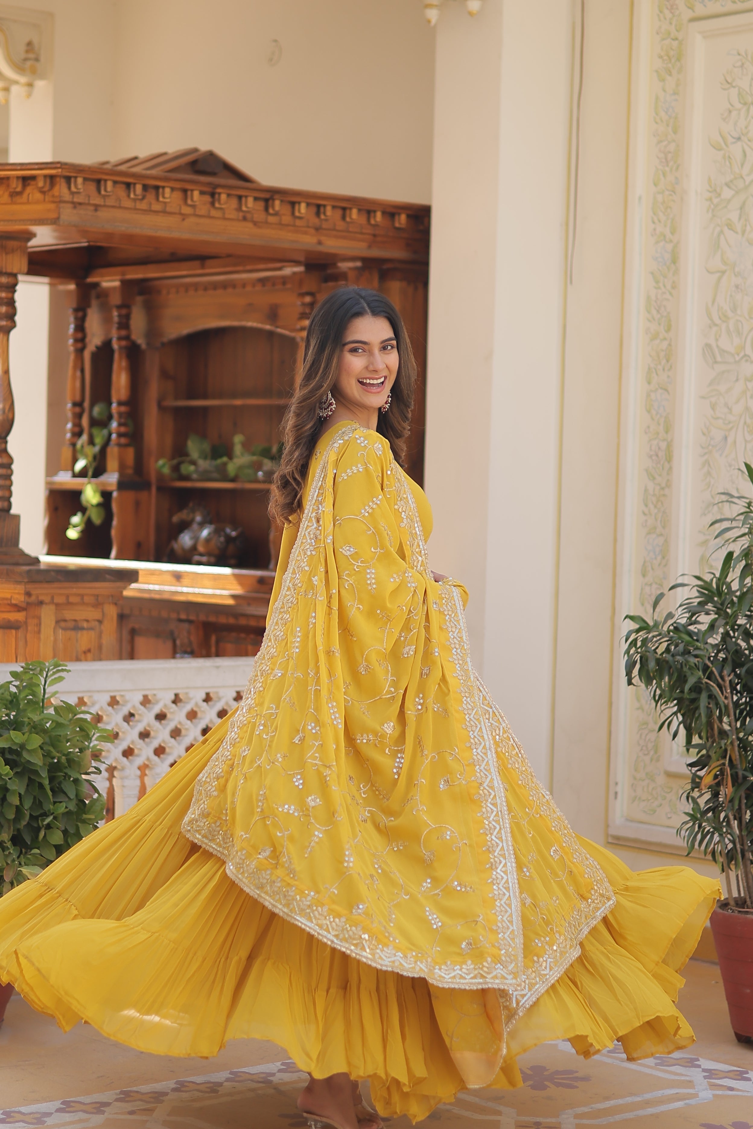 Yellow Coloured Faux Georgette with Embroidered work Gown With Dupatta