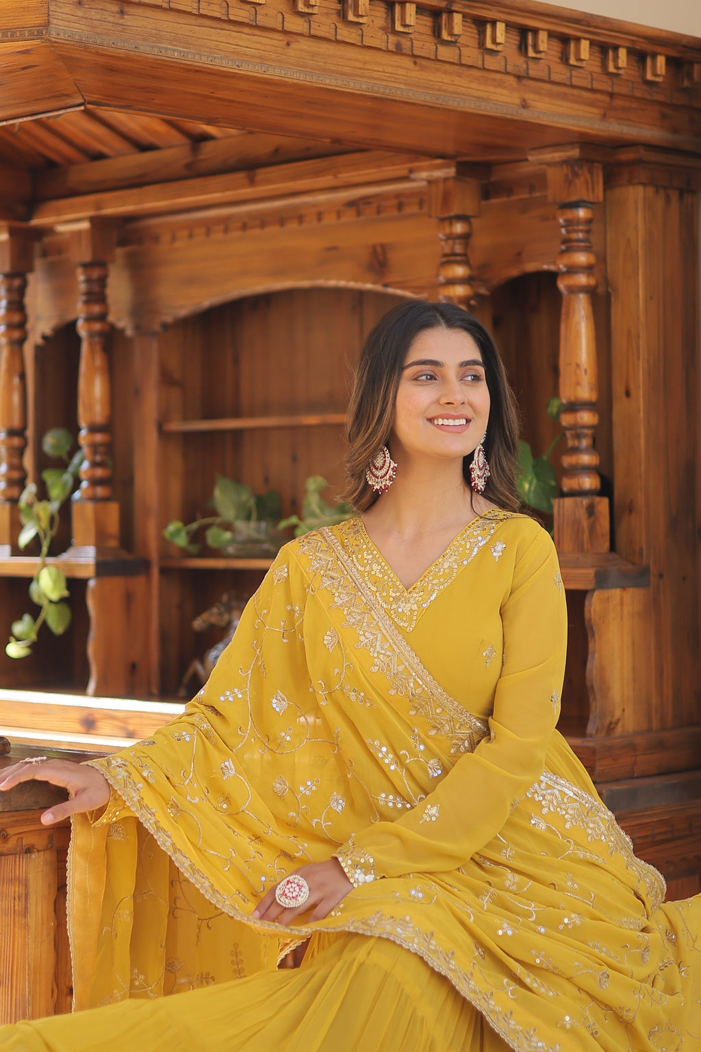 Yellow Coloured Faux Georgette with Embroidered work Gown With Dupatta