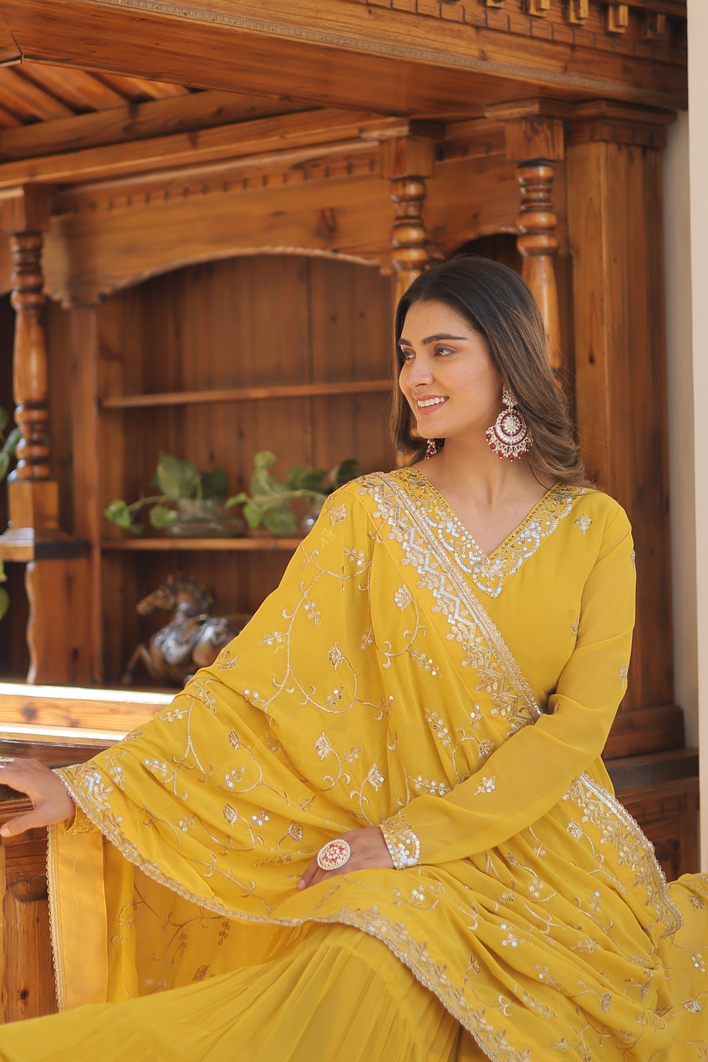 Yellow Coloured Faux Georgette with Embroidered work Gown With Dupatta
