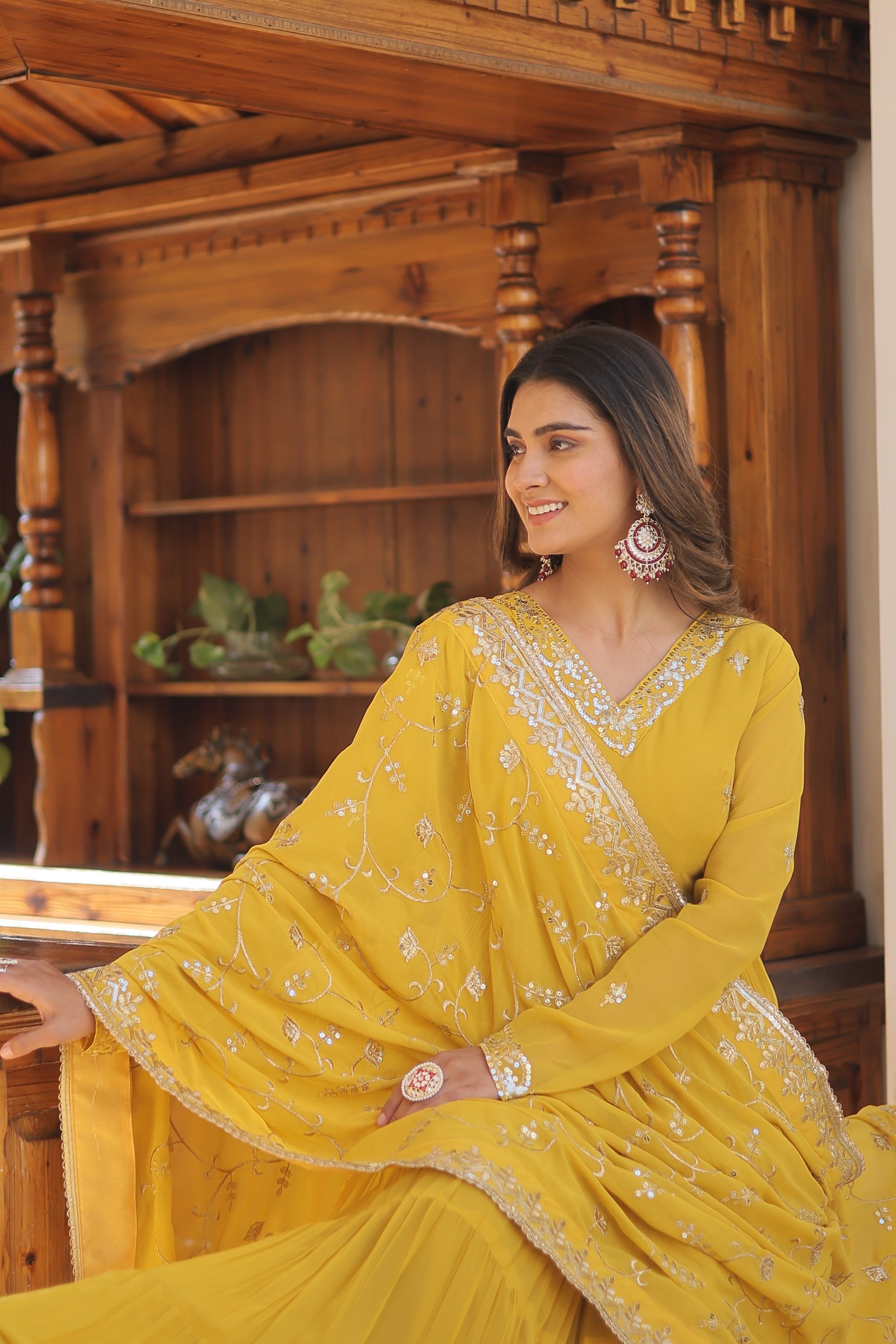 Yellow Coloured Faux Georgette with Embroidered work Gown With Dupatta
