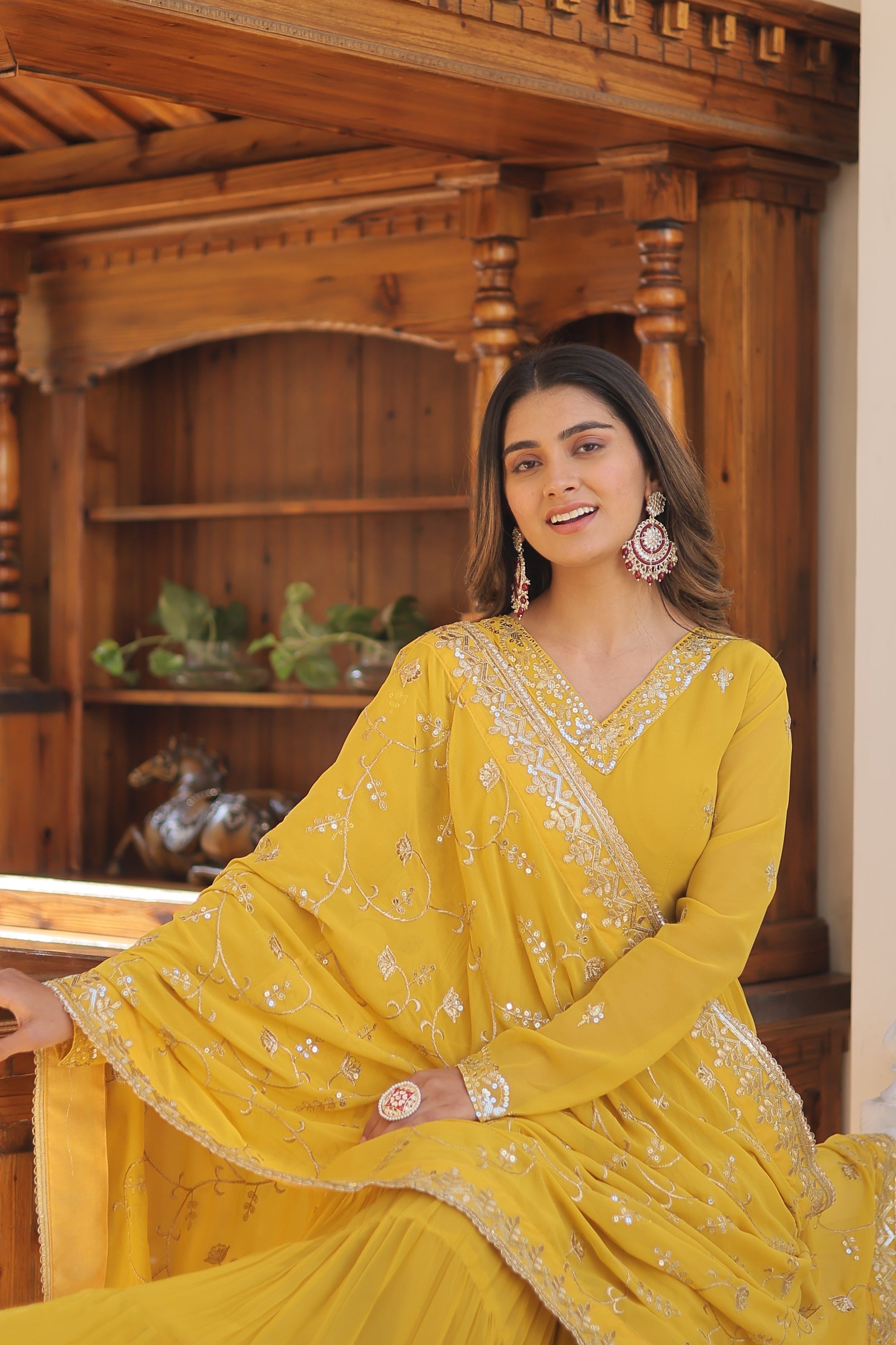 Yellow Coloured Faux Georgette with Embroidered work Gown With Dupatta