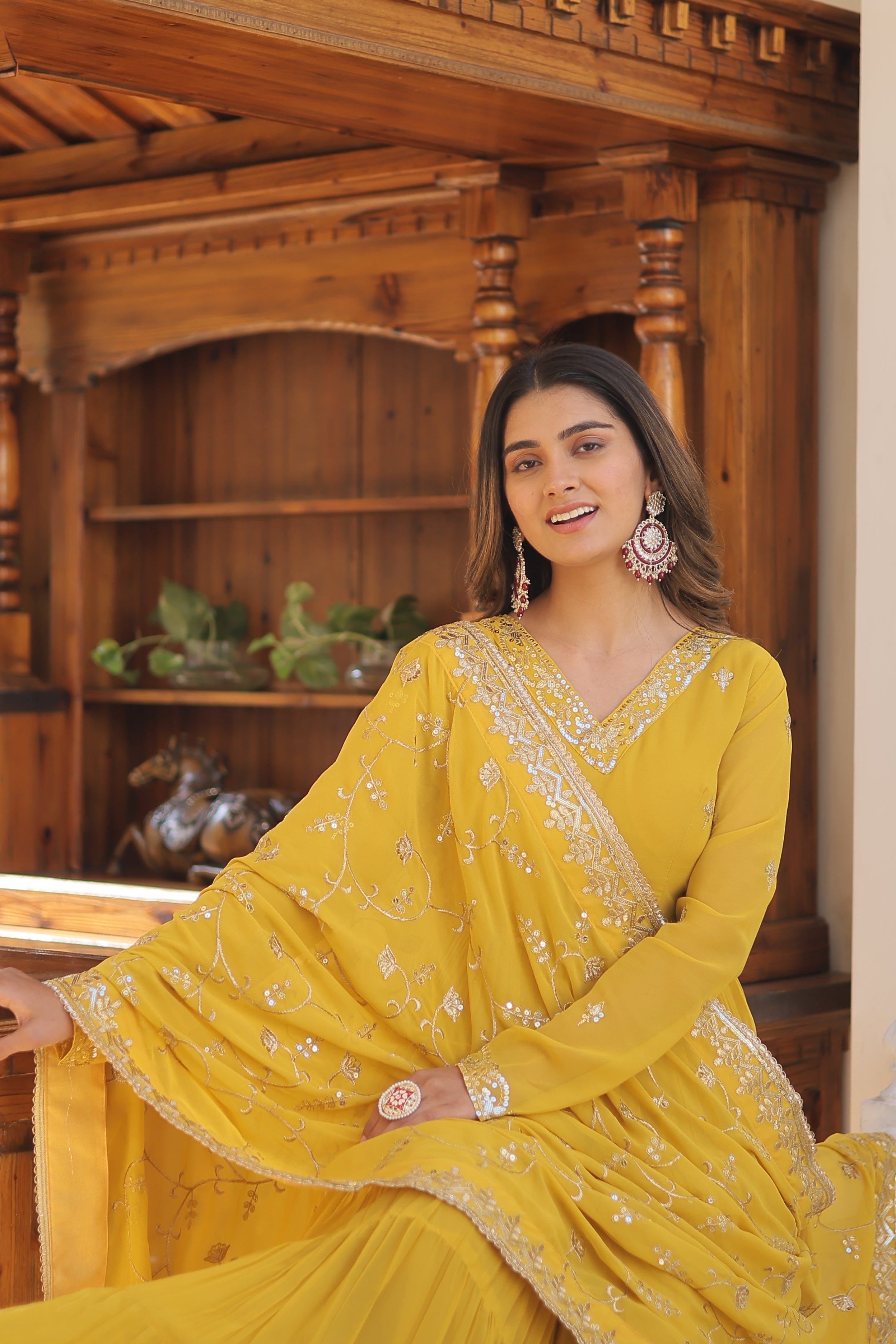 Yellow Coloured Faux Georgette with Embroidered work Gown With Dupatta