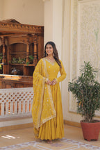 Yellow Coloured Faux Georgette with Embroidered work Gown With Dupatta