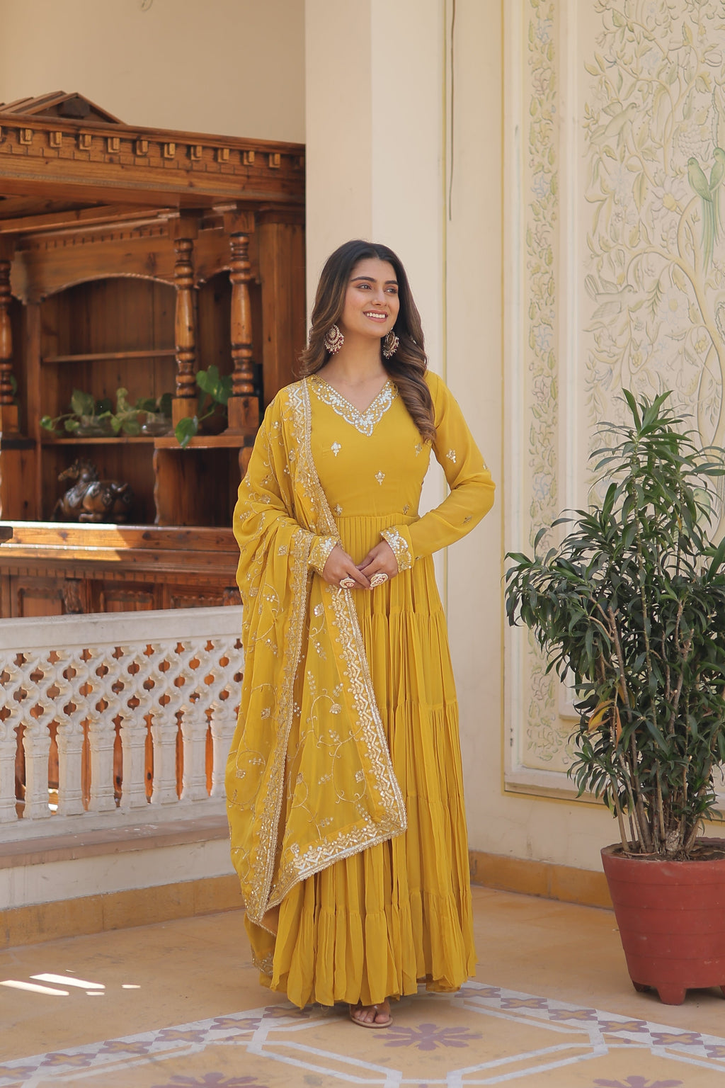 Yellow Coloured Faux Georgette with Embroidered work Gown With Dupatta