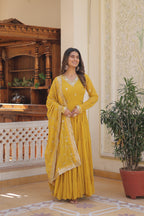 Yellow Coloured Faux Georgette with Embroidered work Gown With Dupatta