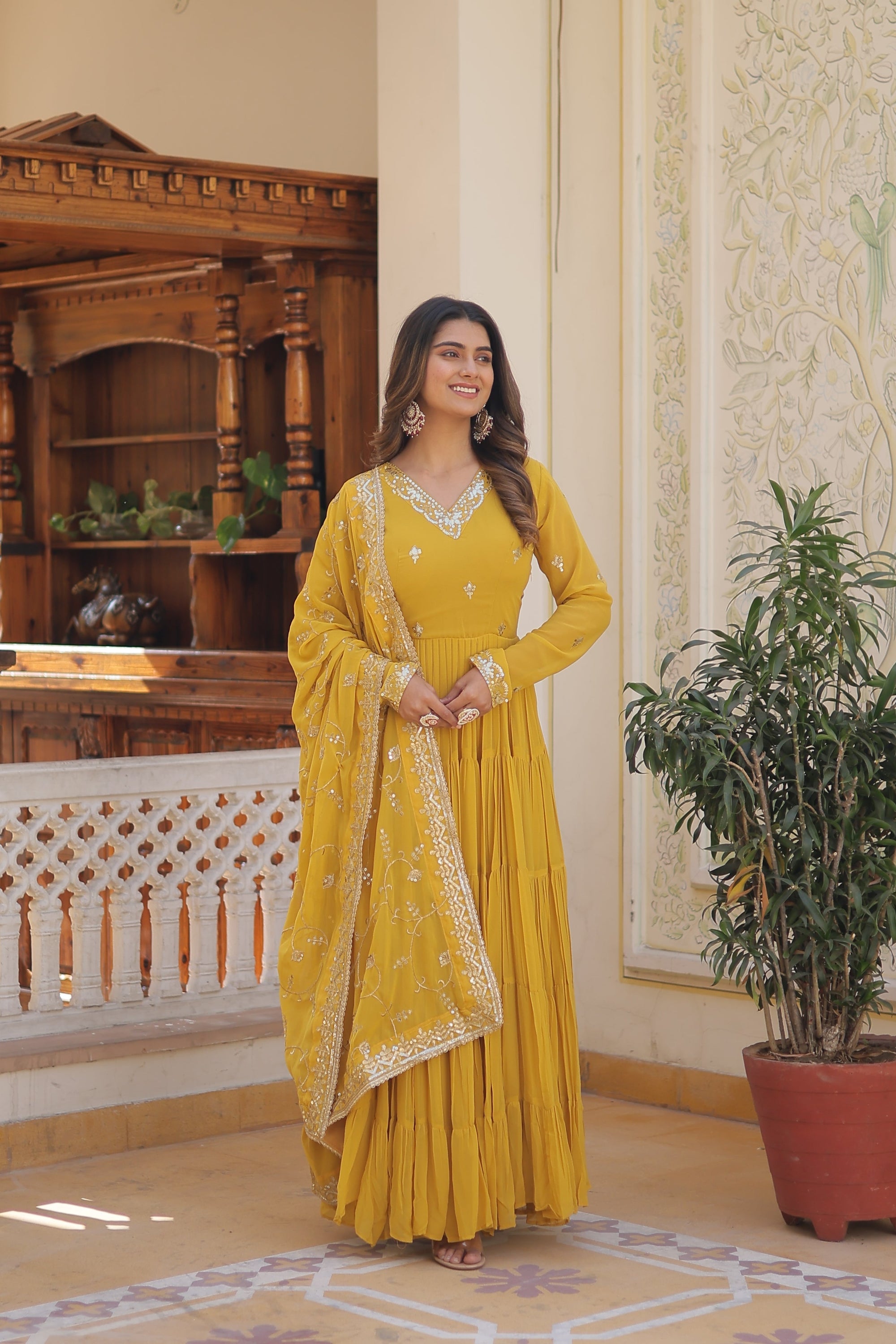 Yellow Coloured Faux Georgette with Embroidered work Gown With Dupatta
