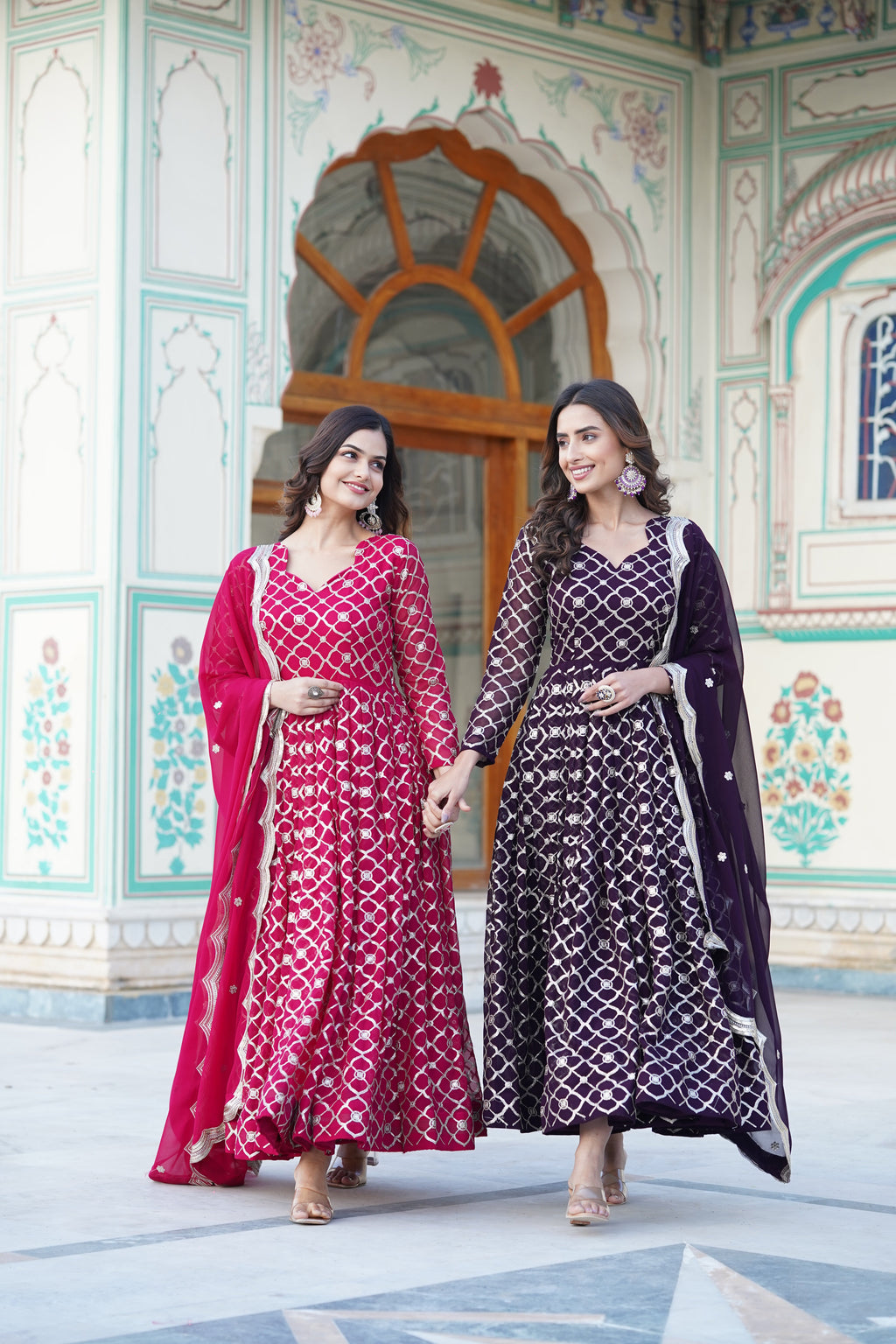Wine Embroidered Faux Blooming Gown with Sequin Dupatta