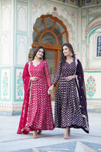 Wine Embroidered Faux Blooming Gown with Sequin Dupatta