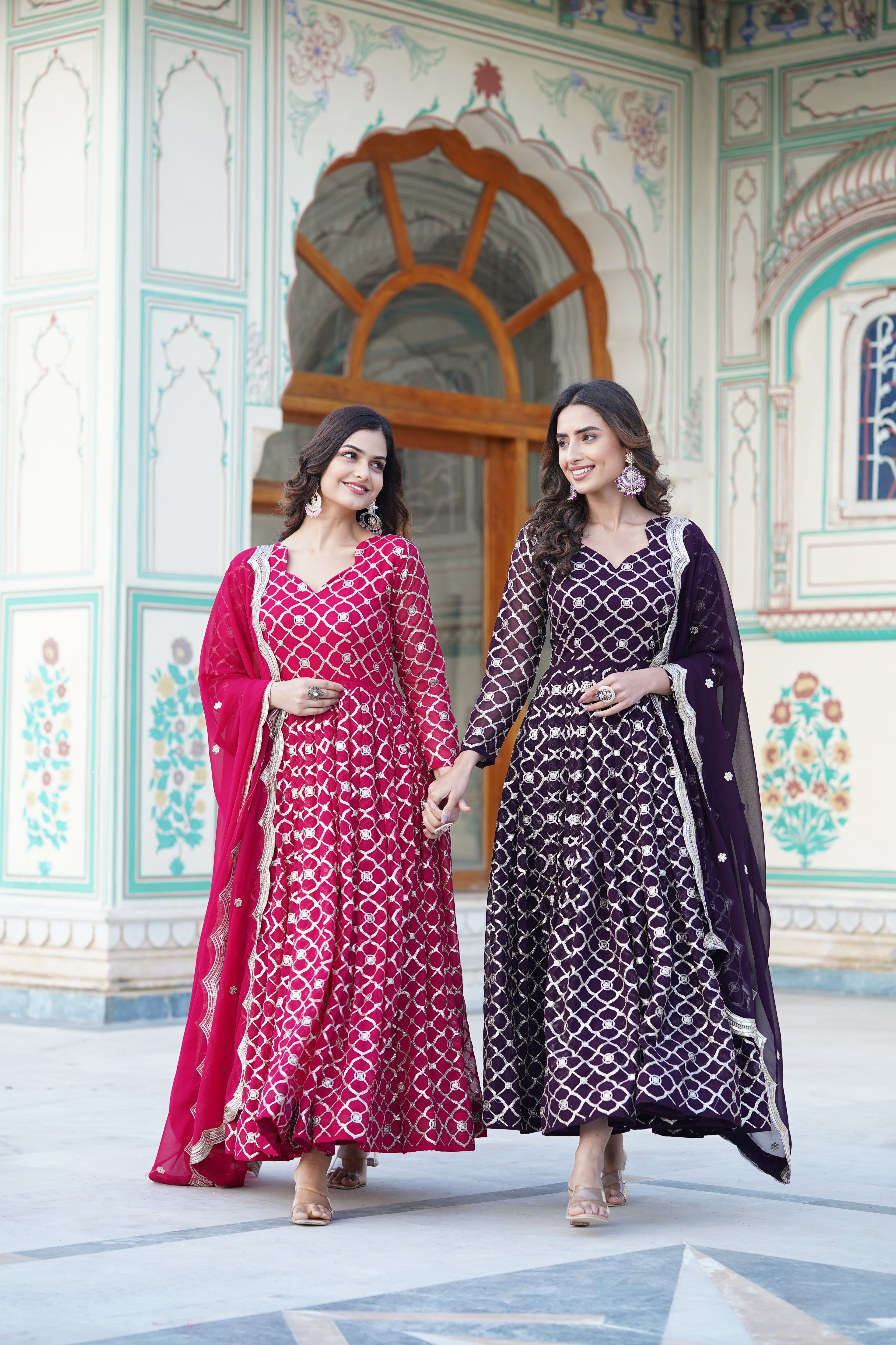Wine Embroidered Faux Blooming Gown with Sequin Dupatta