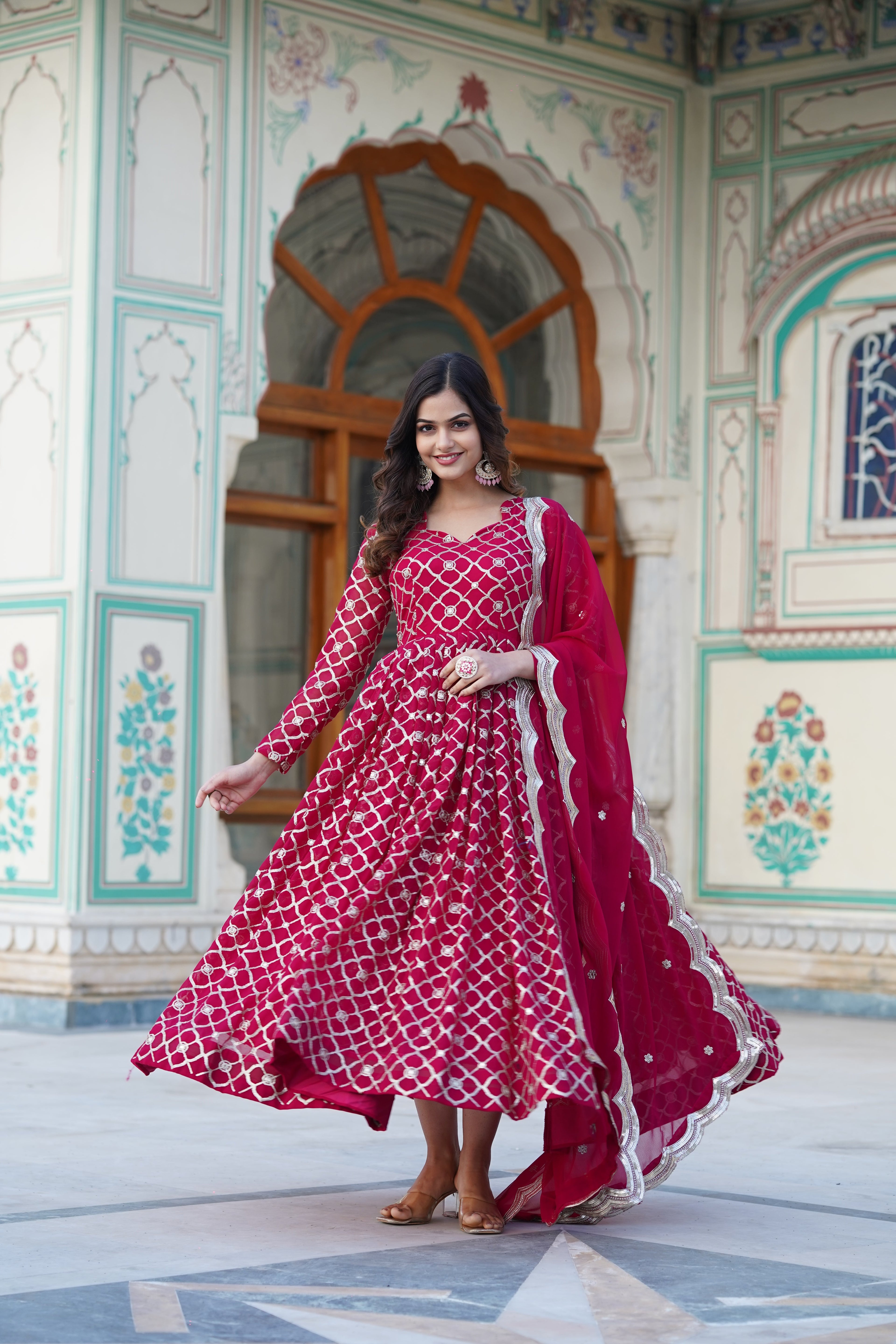 Rani Pink Embroidered Faux Blooming Gown with Sequin Dupatta