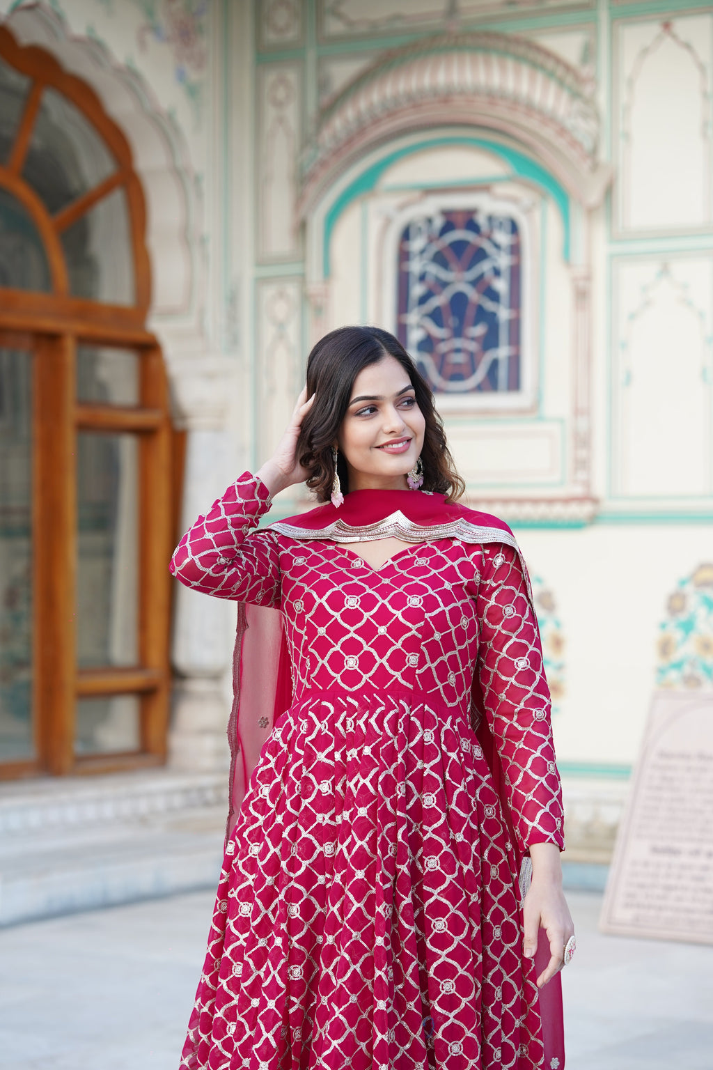 Rani Pink Embroidered Faux Blooming Gown with Sequin Dupatta