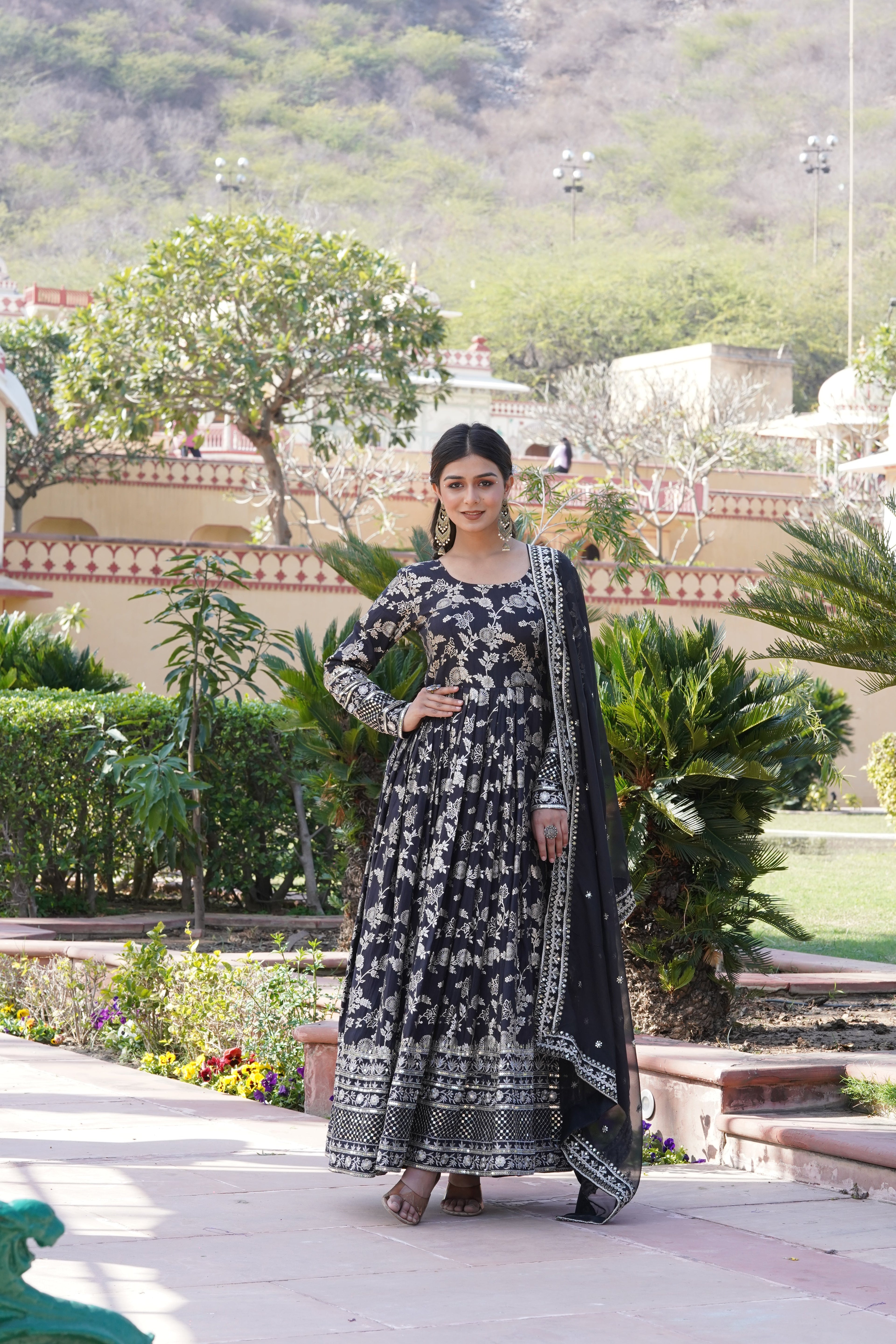 Designer Party Wear Anarkali Gown – Viscose Jacquard with Sequins Embroidery & Russian Silk Dupatta