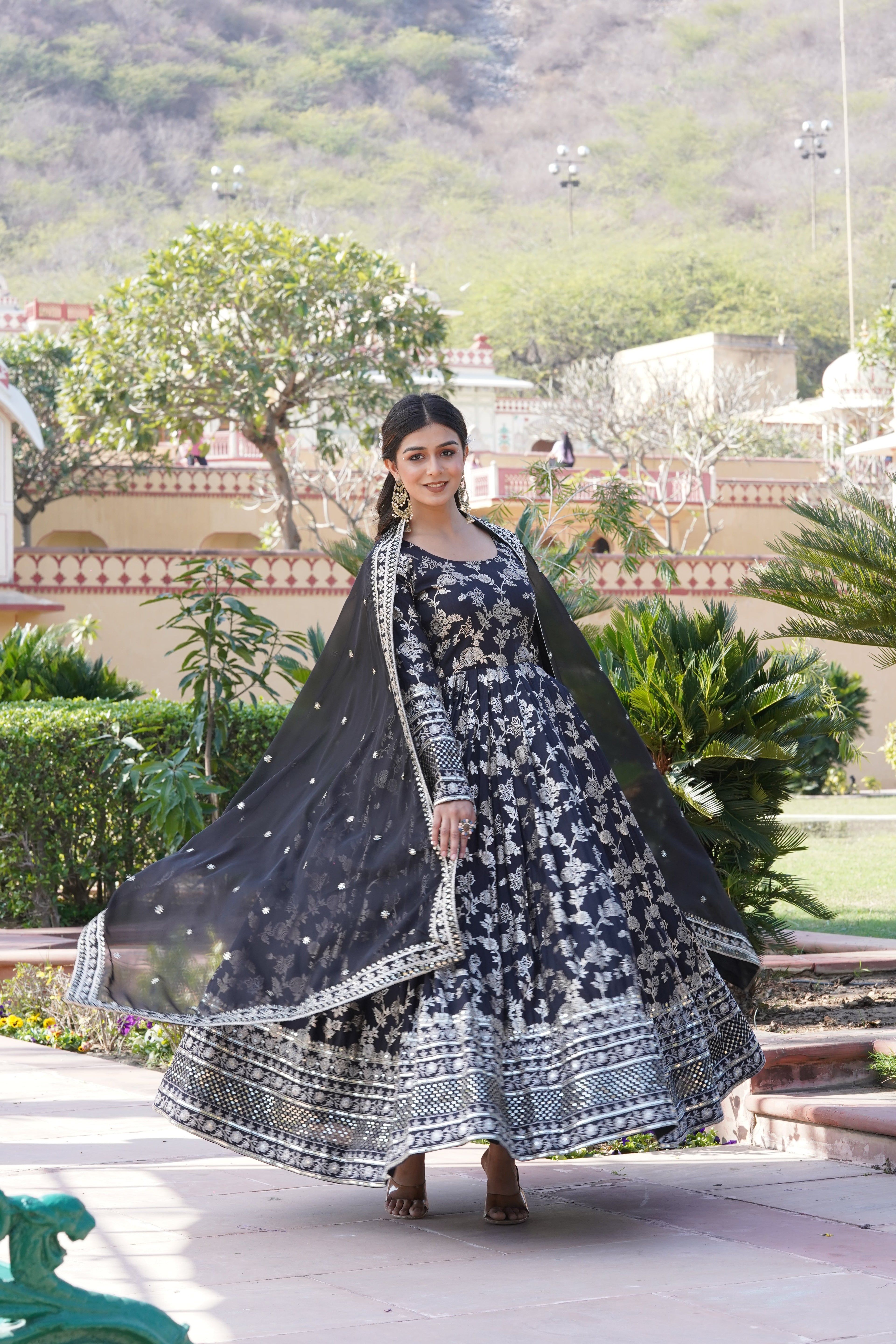 Designer Party Wear Anarkali Gown – Viscose Jacquard with Sequins Embroidery & Russian Silk Dupatta