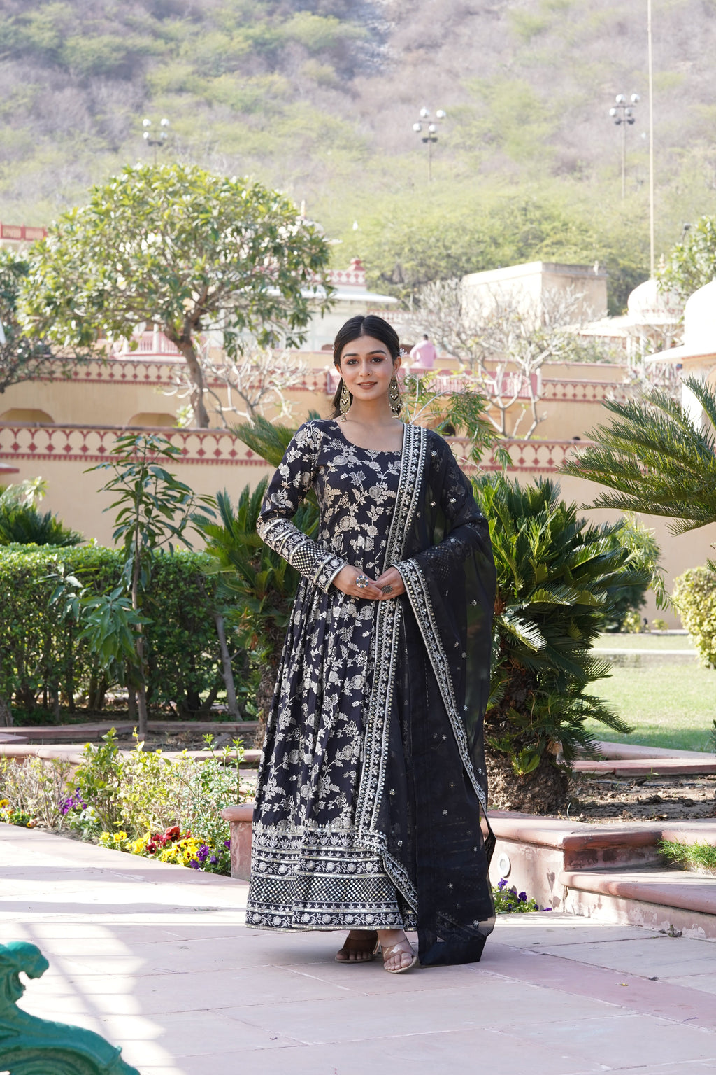 Designer Party Wear Anarkali Gown – Viscose Jacquard with Sequins Embroidery & Russian Silk Dupatta