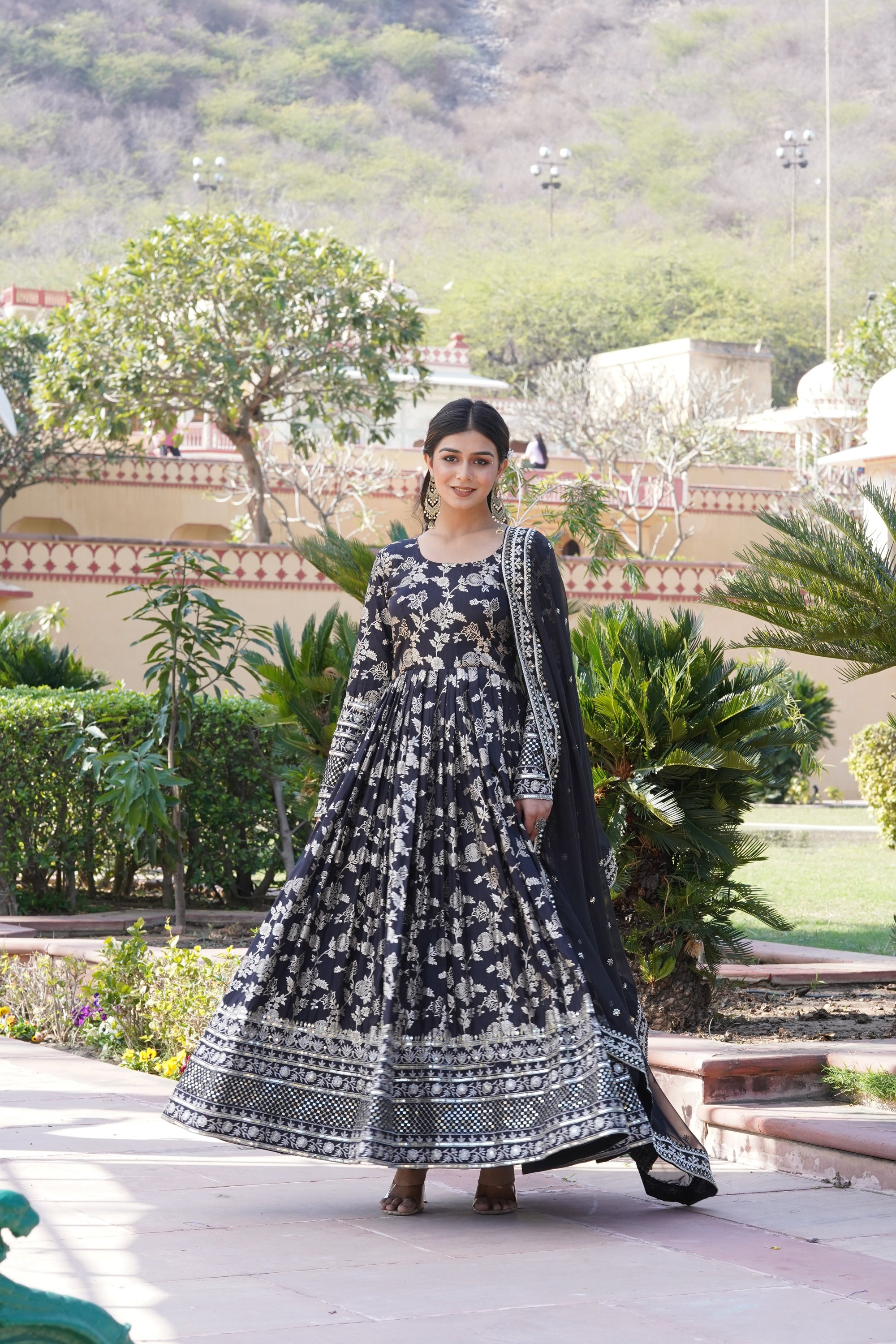 Designer Party Wear Anarkali Gown – Viscose Jacquard with Sequins Embroidery & Russian Silk Dupatta