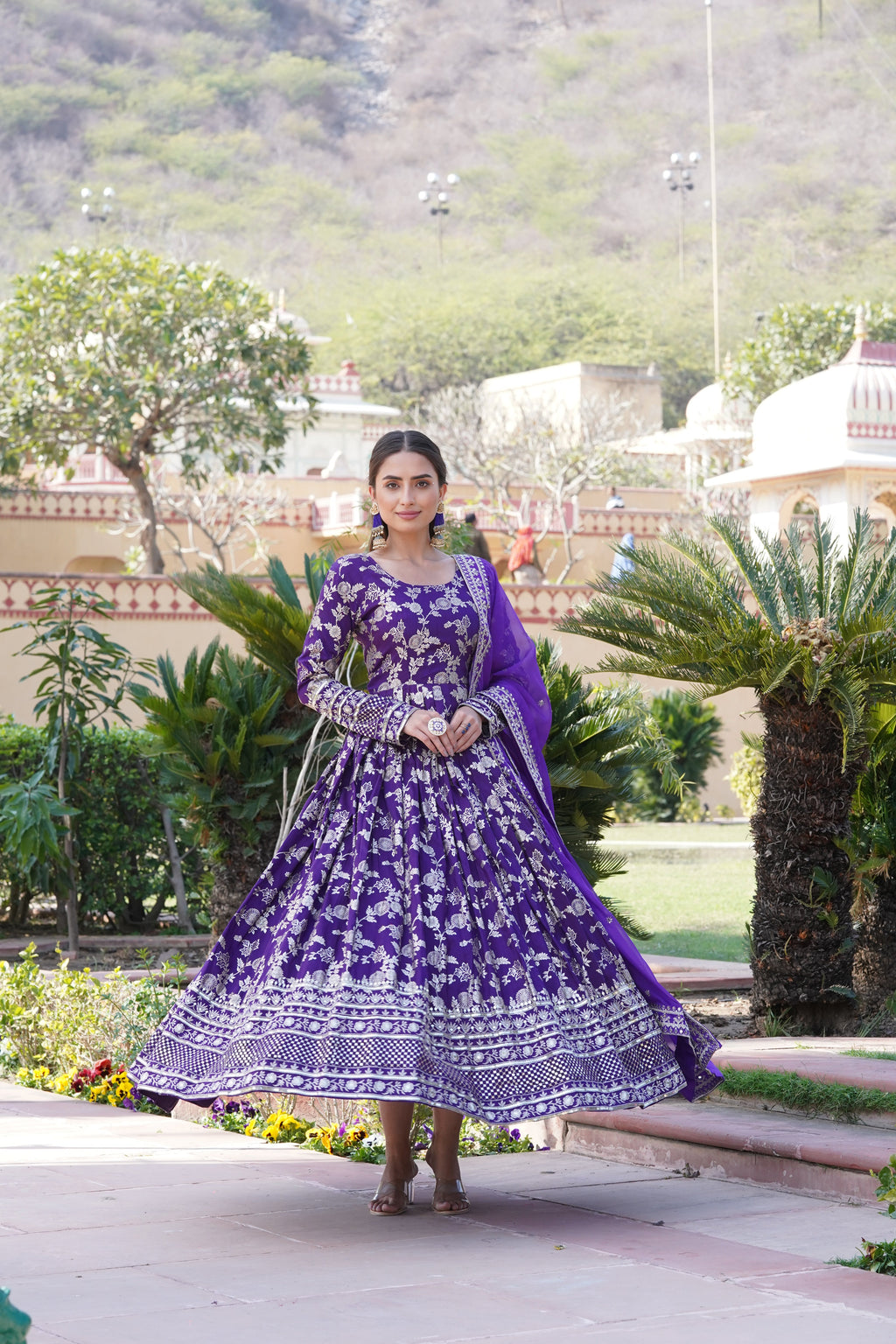 Designer Party Wear Anarkali Gown – Viscose Jacquard with Sequins Embroidery & Russian Silk Dupatta