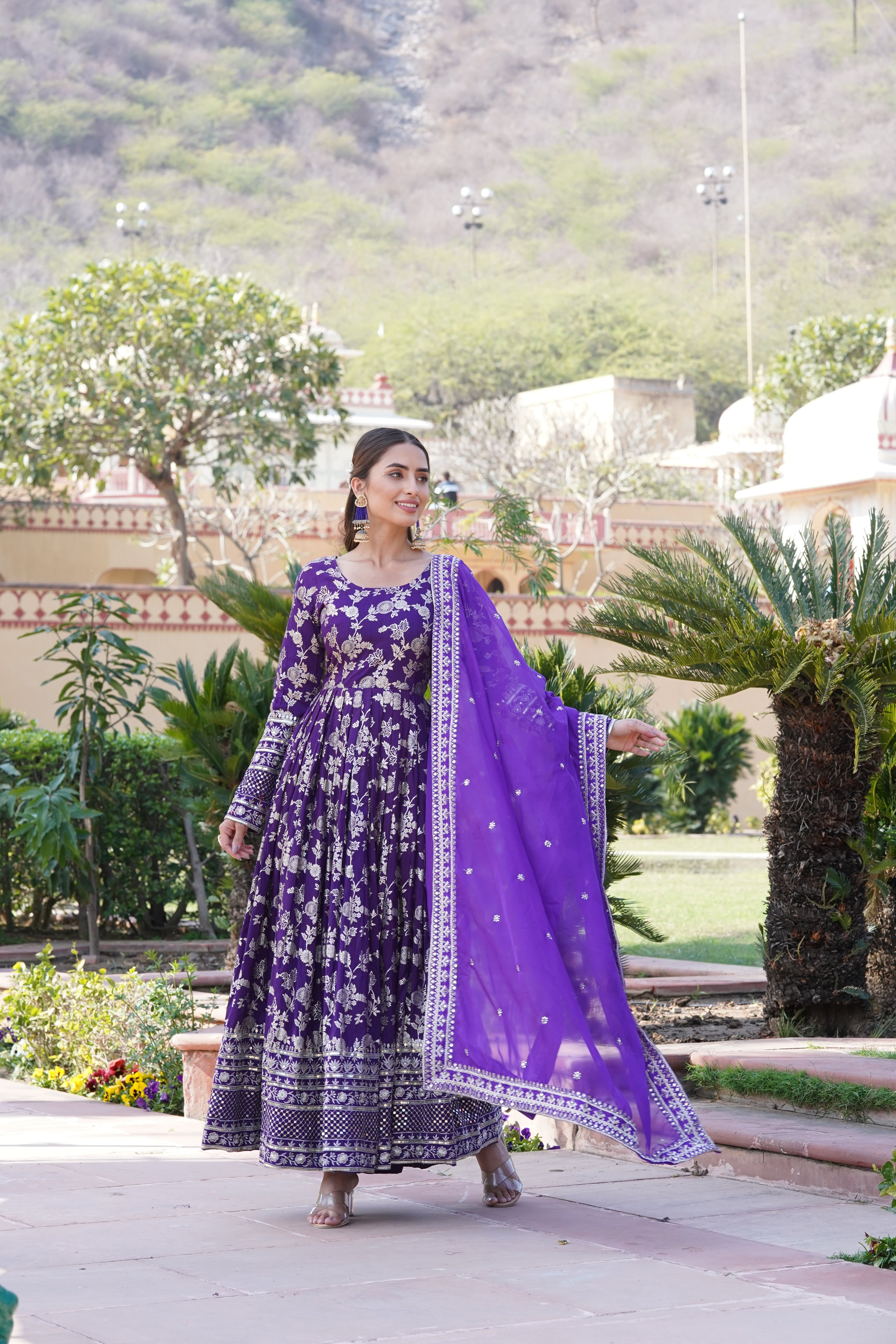 Designer Party Wear Anarkali Gown – Viscose Jacquard with Sequins Embroidery & Russian Silk Dupatta