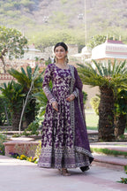 Designer Party Wear Anarkali Gown – Viscose Jacquard with Sequins Embroidery & Russian Silk Dupatta