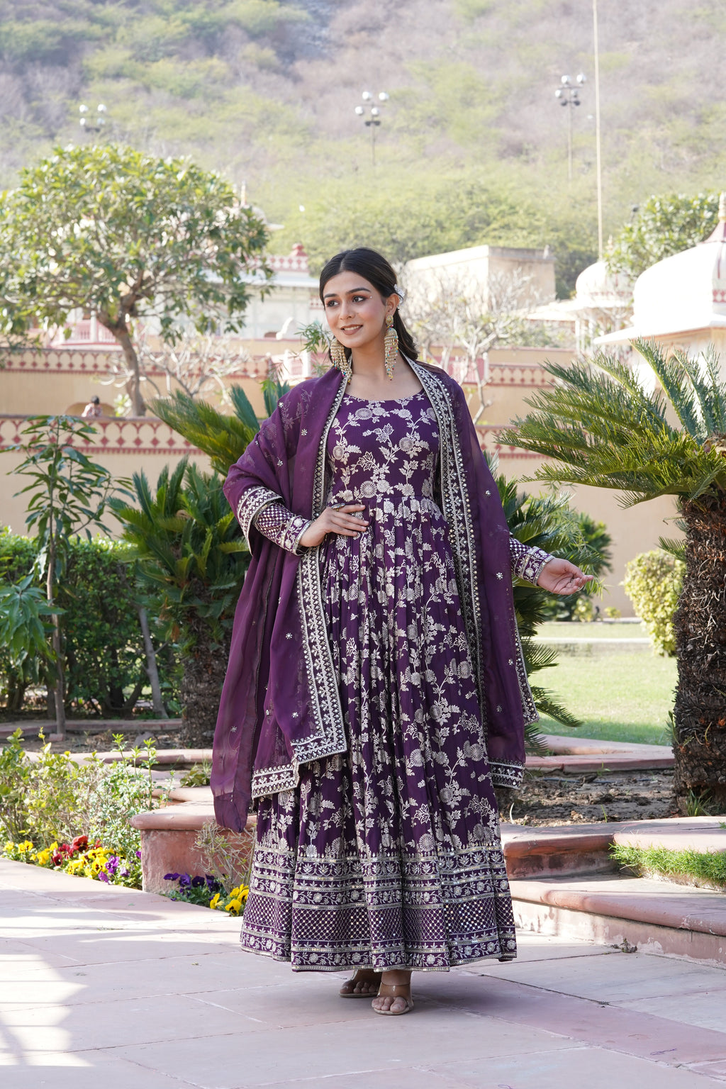 Designer Party Wear Anarkali Gown – Viscose Jacquard with Sequins Embroidery & Russian Silk Dupatta