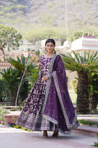 Designer Party Wear Anarkali Gown – Viscose Jacquard with Sequins Embroidery & Russian Silk Dupatta