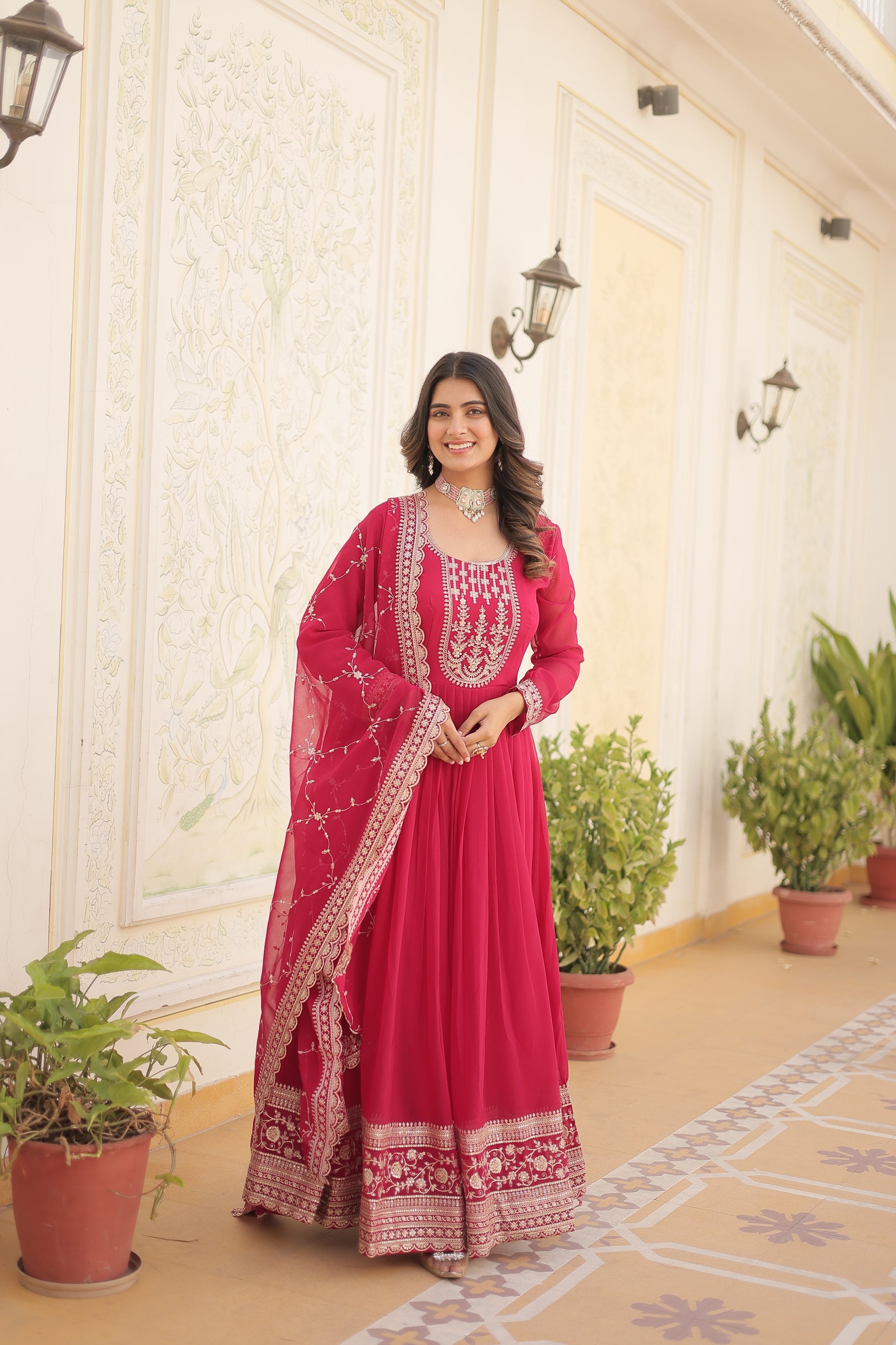 Faux Blooming Sequin Pink Gown with Embroidered Dupatta