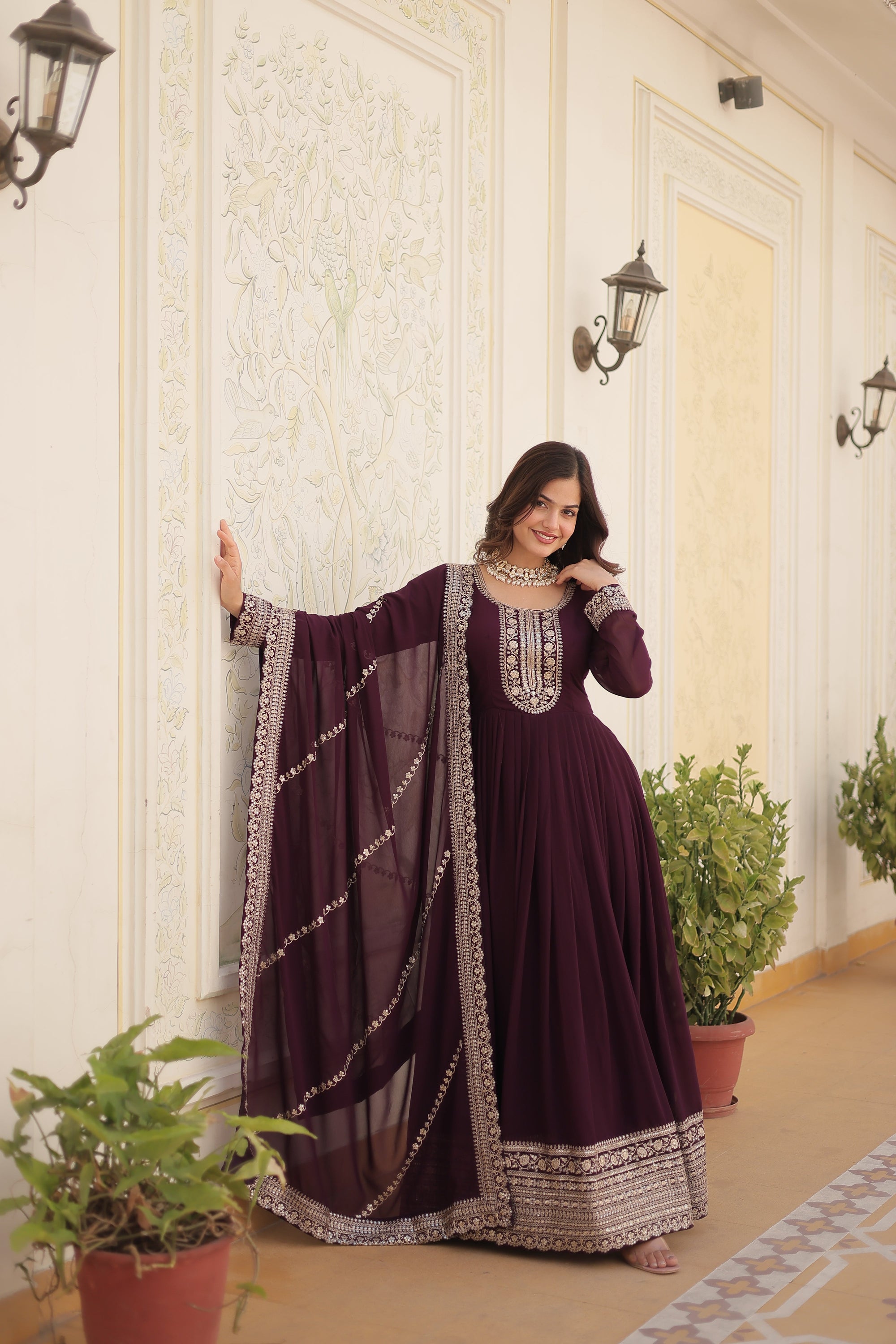 Faux Blooming Sequin Wine Gown with Embroidered Dupatta