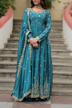 Rama Green Designer Readymade Top-Sharara-Dupatta Sequins Embroidered Chinon Suit