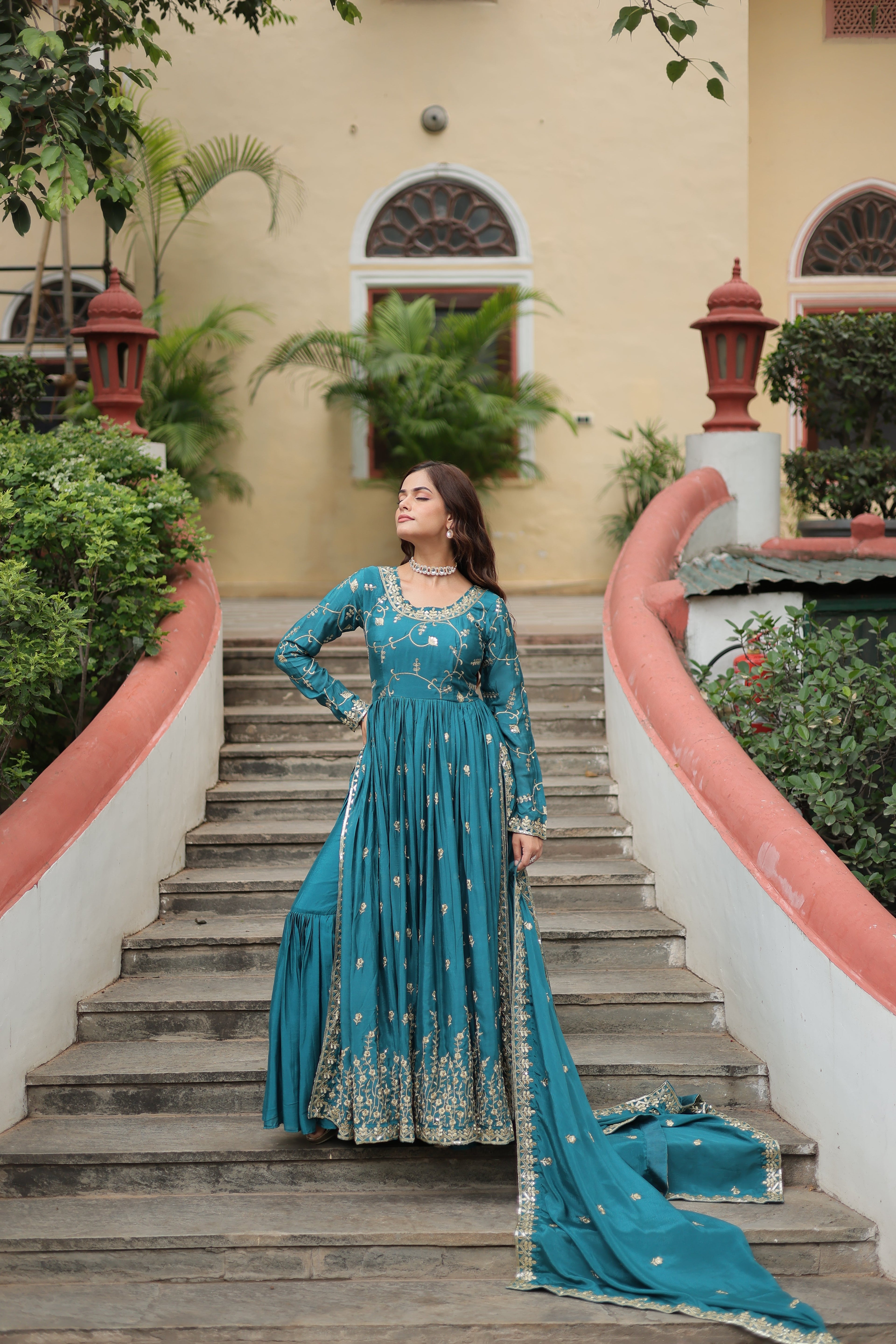Rama Green Designer Readymade Top-Sharara-Dupatta Sequins Embroidered Chinon Suit