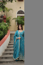 Rama Green Designer Readymade Top-Sharara-Dupatta Sequins Embroidered Chinon Suit