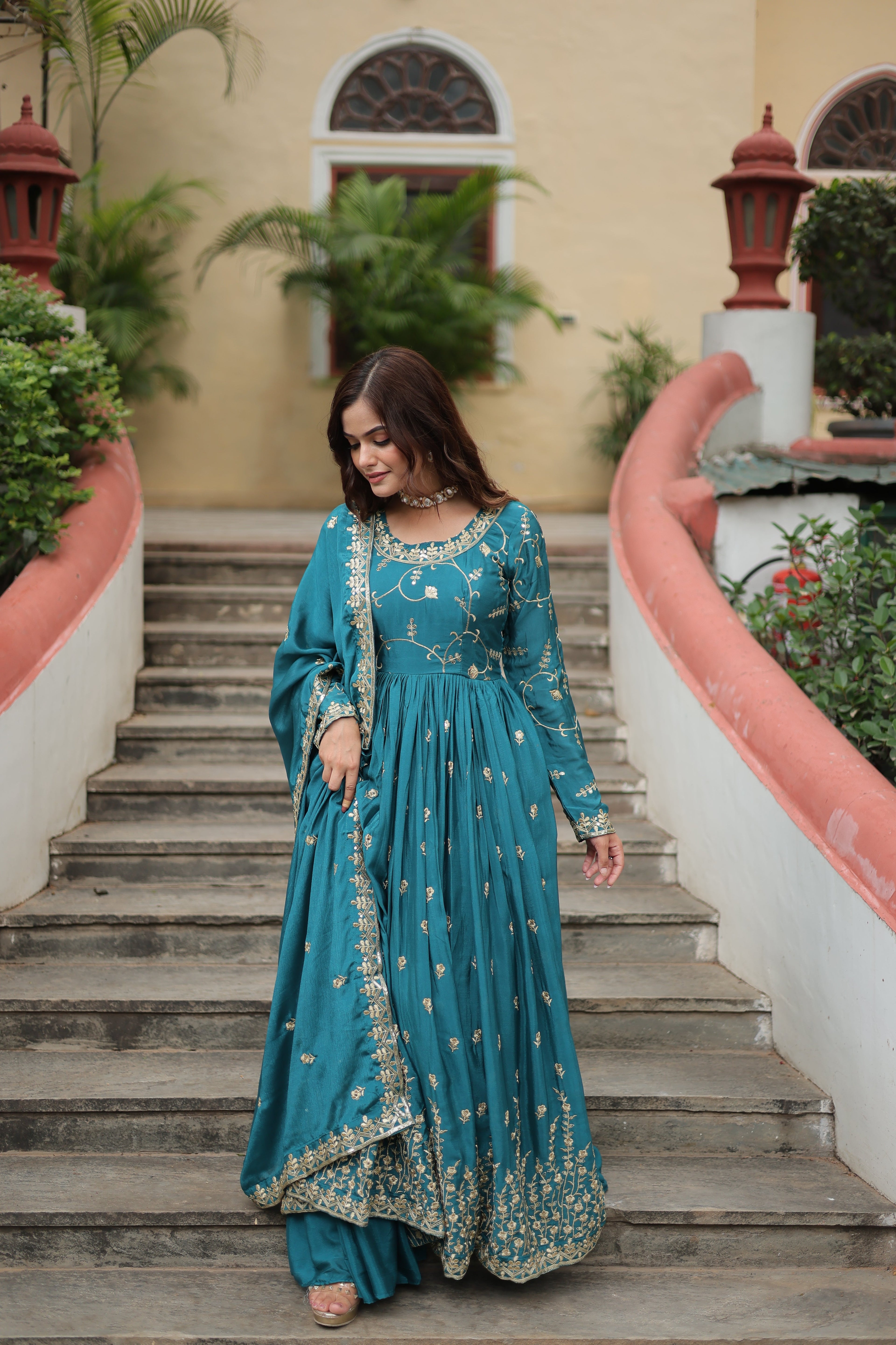Rama Green Designer Readymade Top-Sharara-Dupatta Sequins Embroidered Chinon Suit