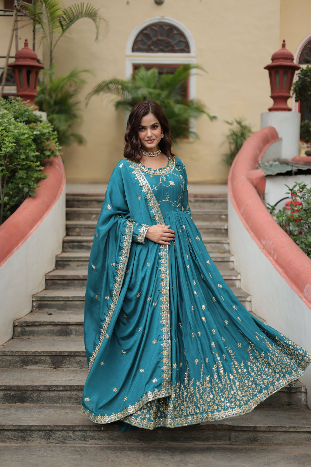 Rama Green Designer Readymade Top-Sharara-Dupatta Sequins Embroidered Chinon Suit
