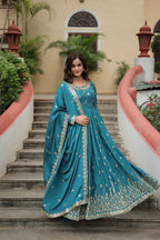 Rama Green Designer Readymade Top-Sharara-Dupatta Sequins Embroidered Chinon Suit