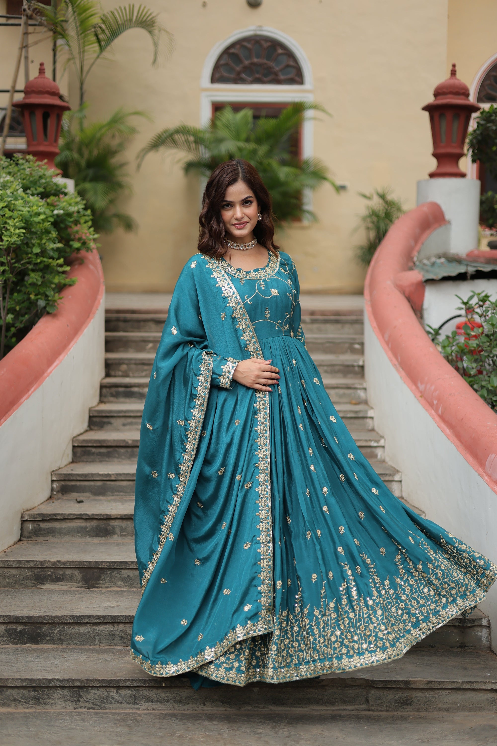Rama Green Designer Readymade Top-Sharara-Dupatta Sequins Embroidered Chinon Suit