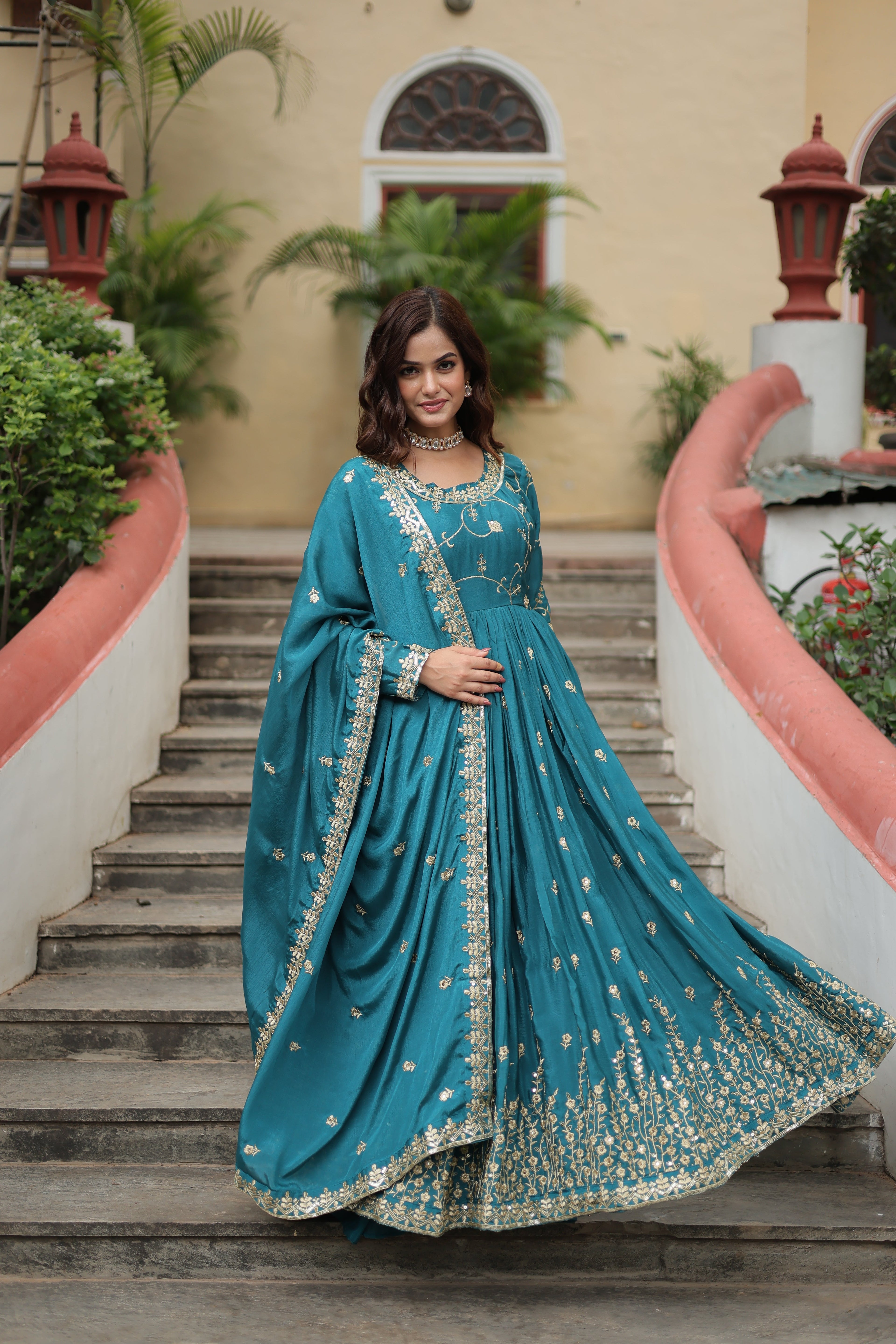 Rama Green Designer Readymade Top-Sharara-Dupatta Sequins Embroidered Chinon Suit