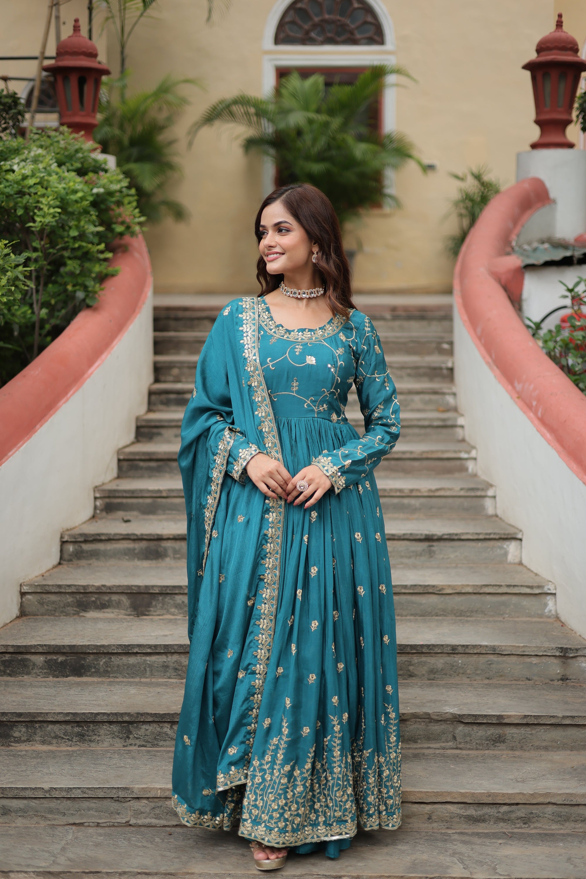 Rama Green Designer Readymade Top-Sharara-Dupatta Sequins Embroidered Chinon Suit