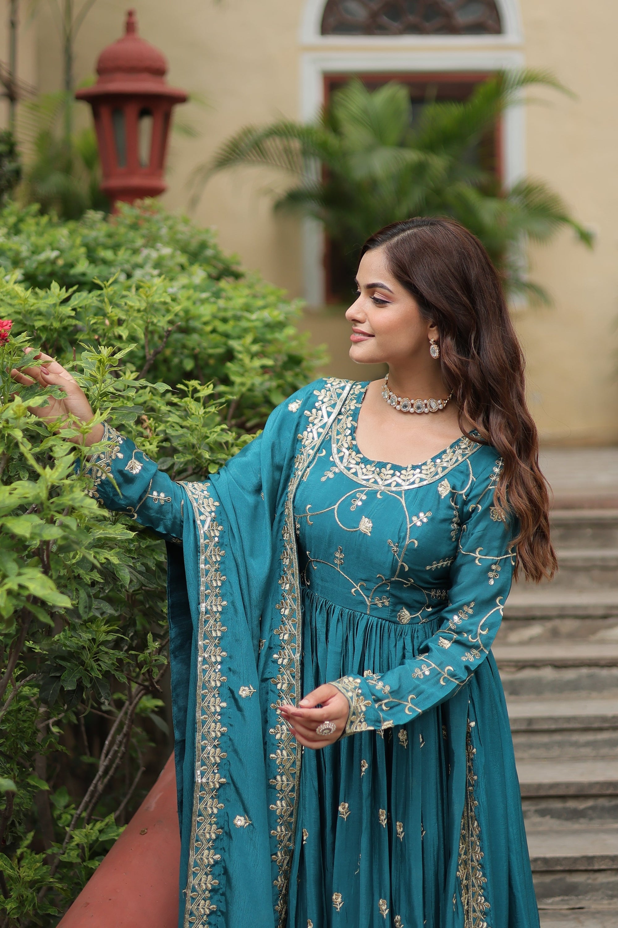 Rama Green Designer Readymade Top-Sharara-Dupatta Sequins Embroidered Chinon Suit