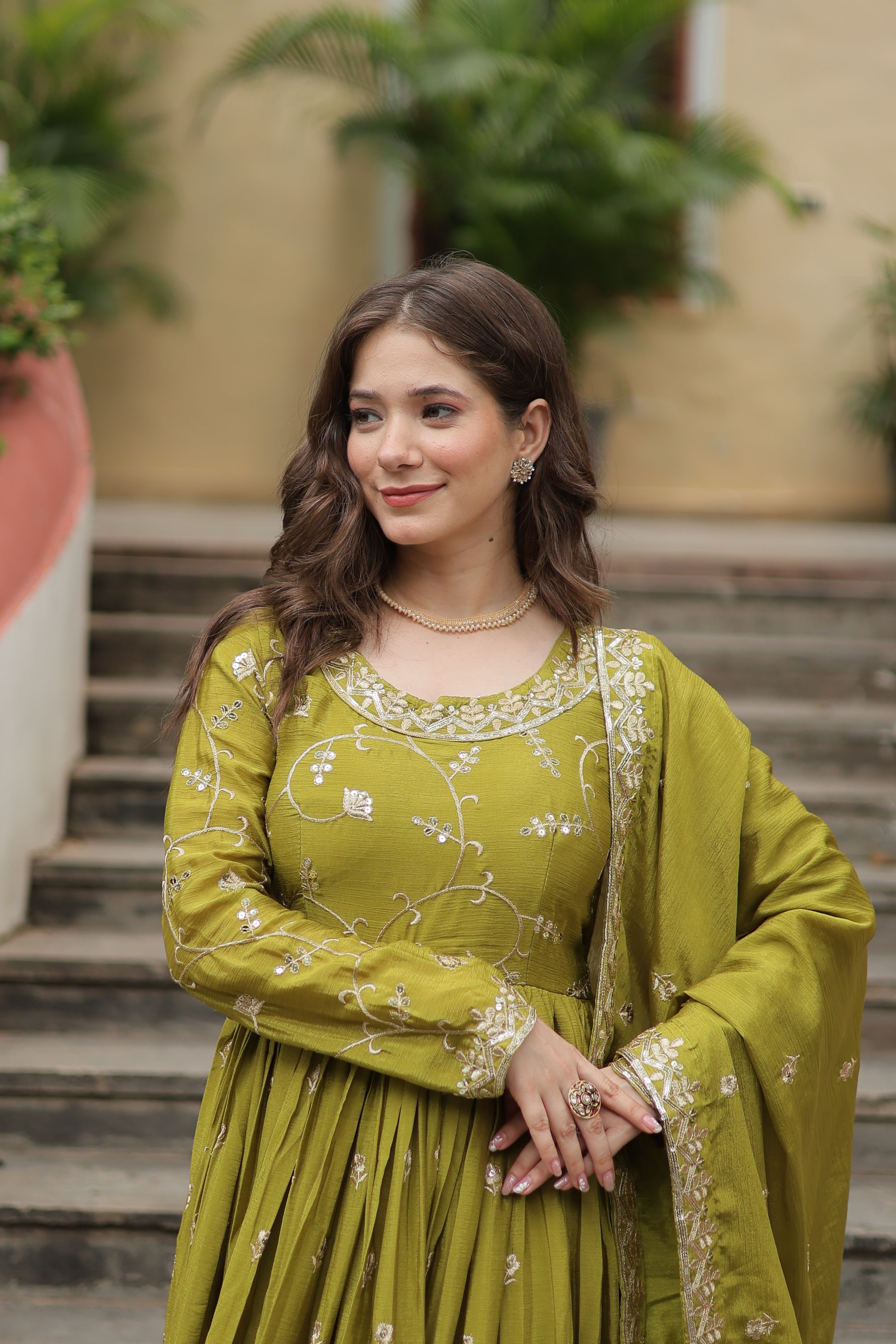 Parrot Green Designer Readymade Top-Sharara-Dupatta Sequins Embroidered Chinon Suit