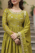 Parrot Green Designer Readymade Top-Sharara-Dupatta Sequins Embroidered Chinon Suit