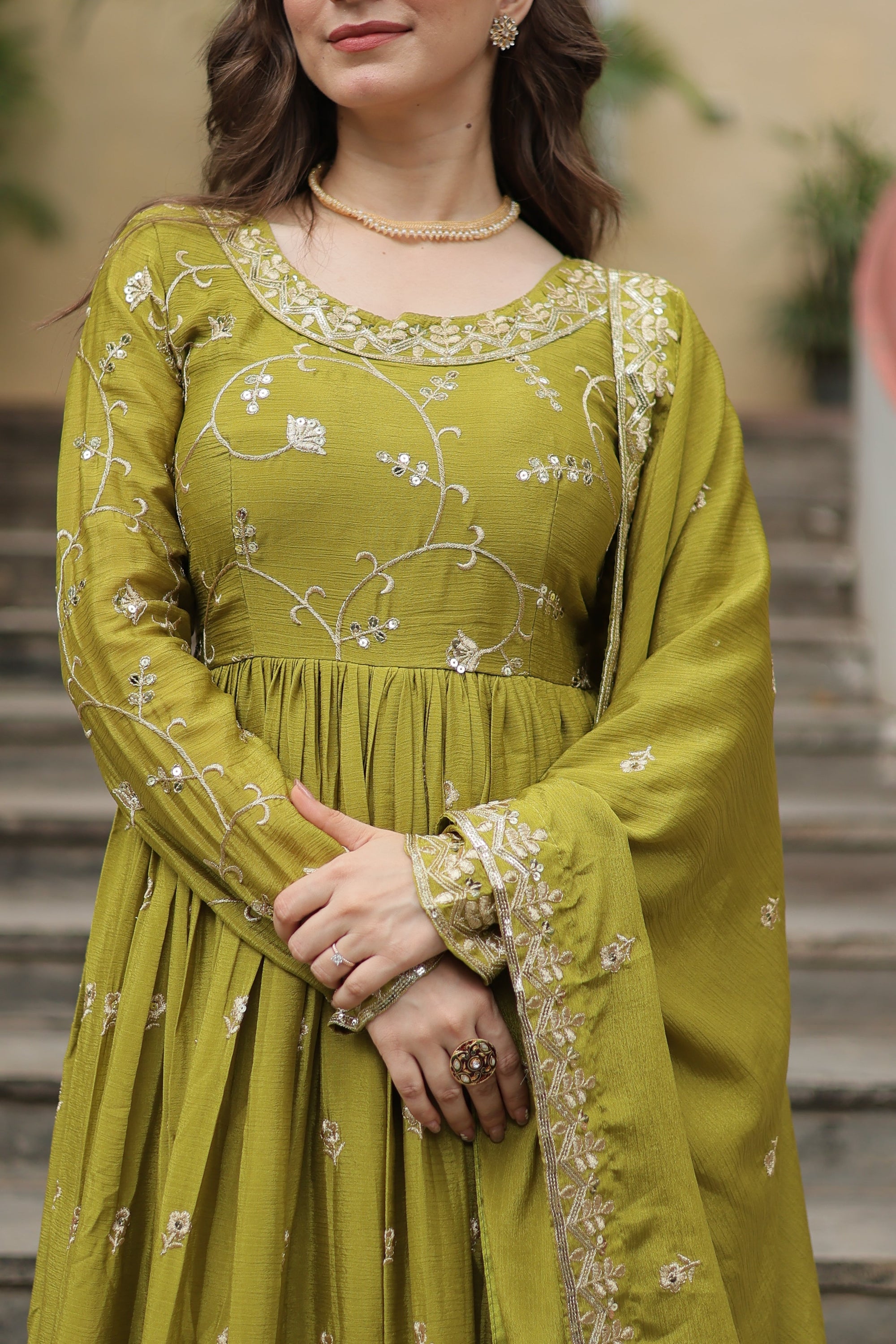 Parrot Green Designer Readymade Top-Sharara-Dupatta Sequins Embroidered Chinon Suit