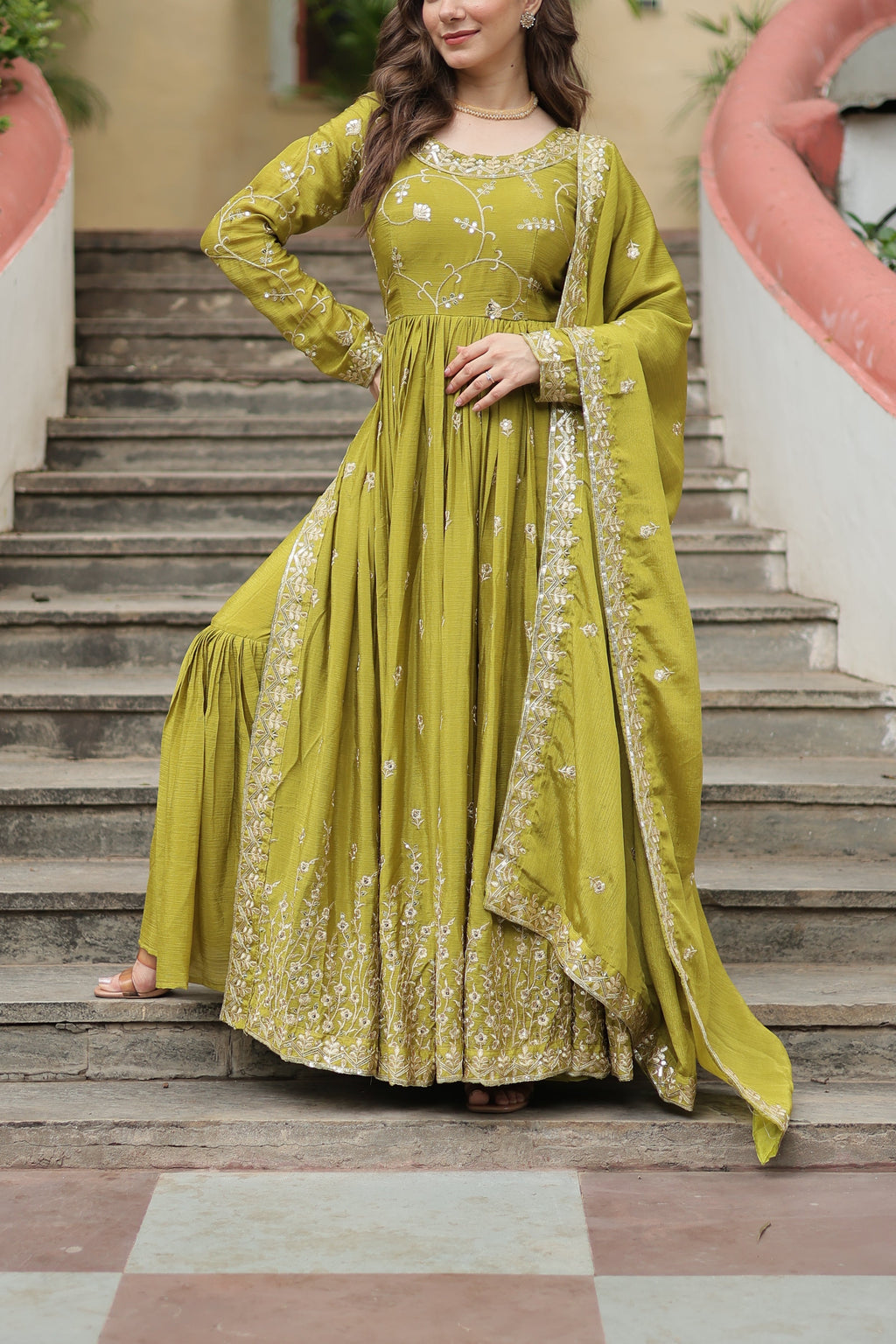 Parrot Green Designer Readymade Top-Sharara-Dupatta Sequins Embroidered Chinon Suit