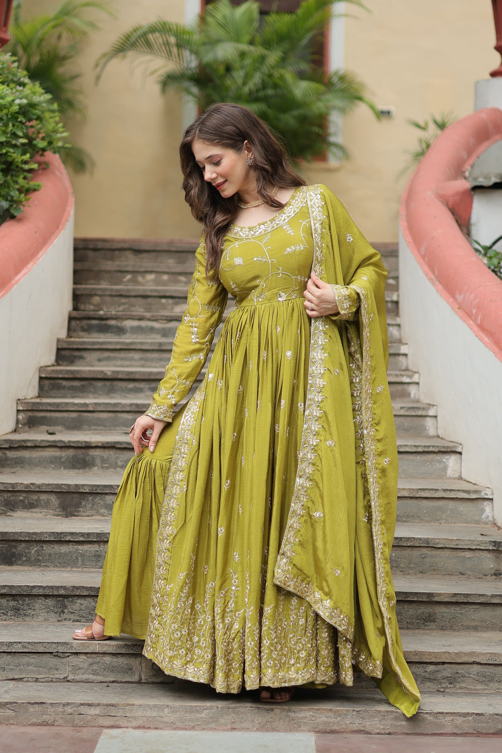 Parrot Green Designer Readymade Top-Sharara-Dupatta Sequins Embroidered Chinon Suit