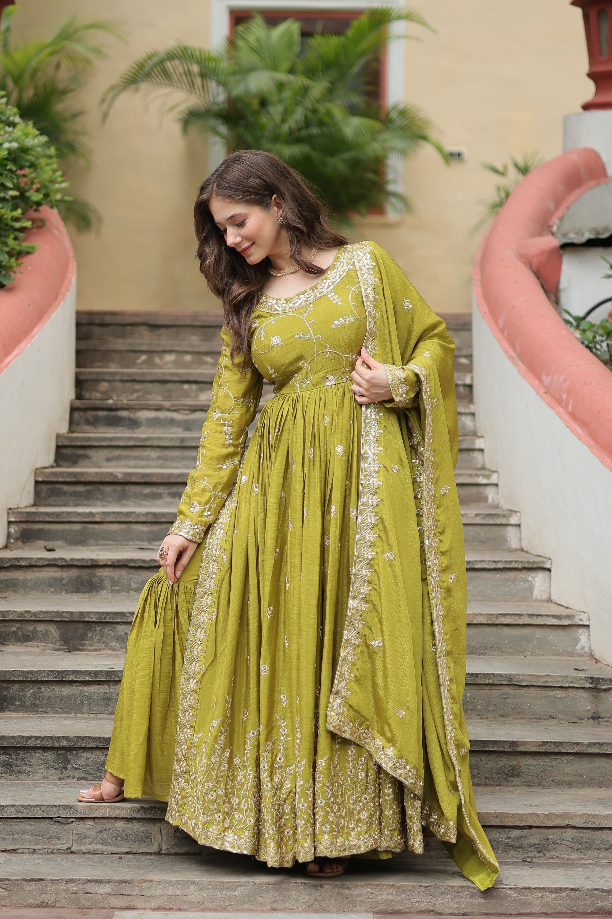 Parrot Green Designer Readymade Top-Sharara-Dupatta Sequins Embroidered Chinon Suit