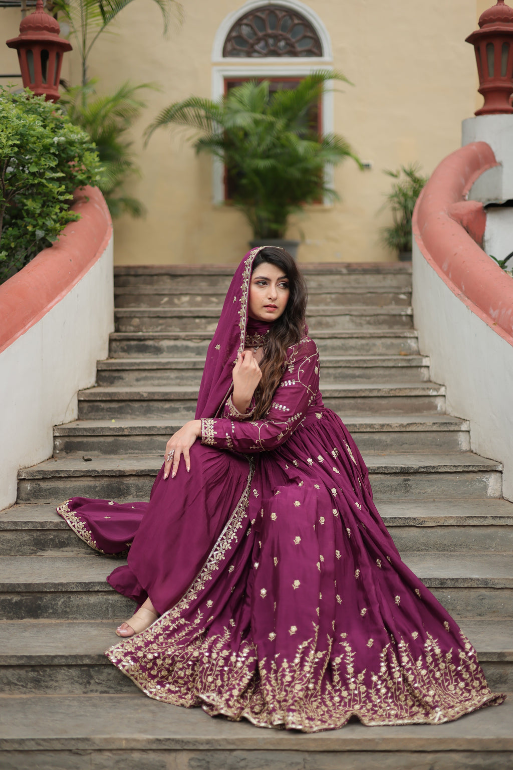 Wine Designer Readymade Top-Sharara-Dupatta Sequins Embroidered Chinon Suit