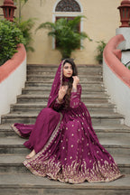 Wine Designer Readymade Top-Sharara-Dupatta Sequins Embroidered Chinon Suit