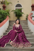 Wine Designer Readymade Top-Sharara-Dupatta Sequins Embroidered Chinon Suit