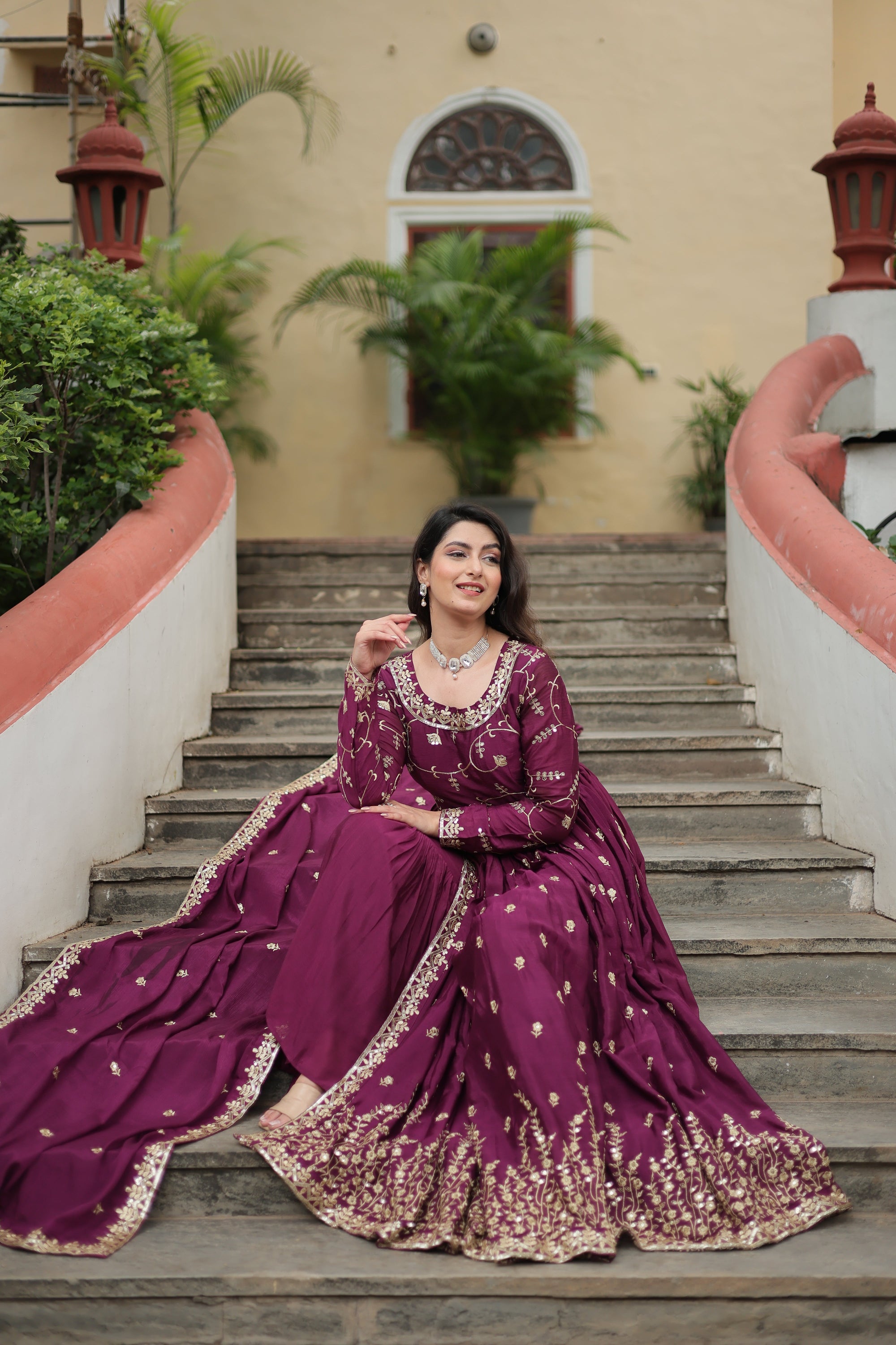Wine Designer Readymade Top-Sharara-Dupatta Sequins Embroidered Chinon Suit