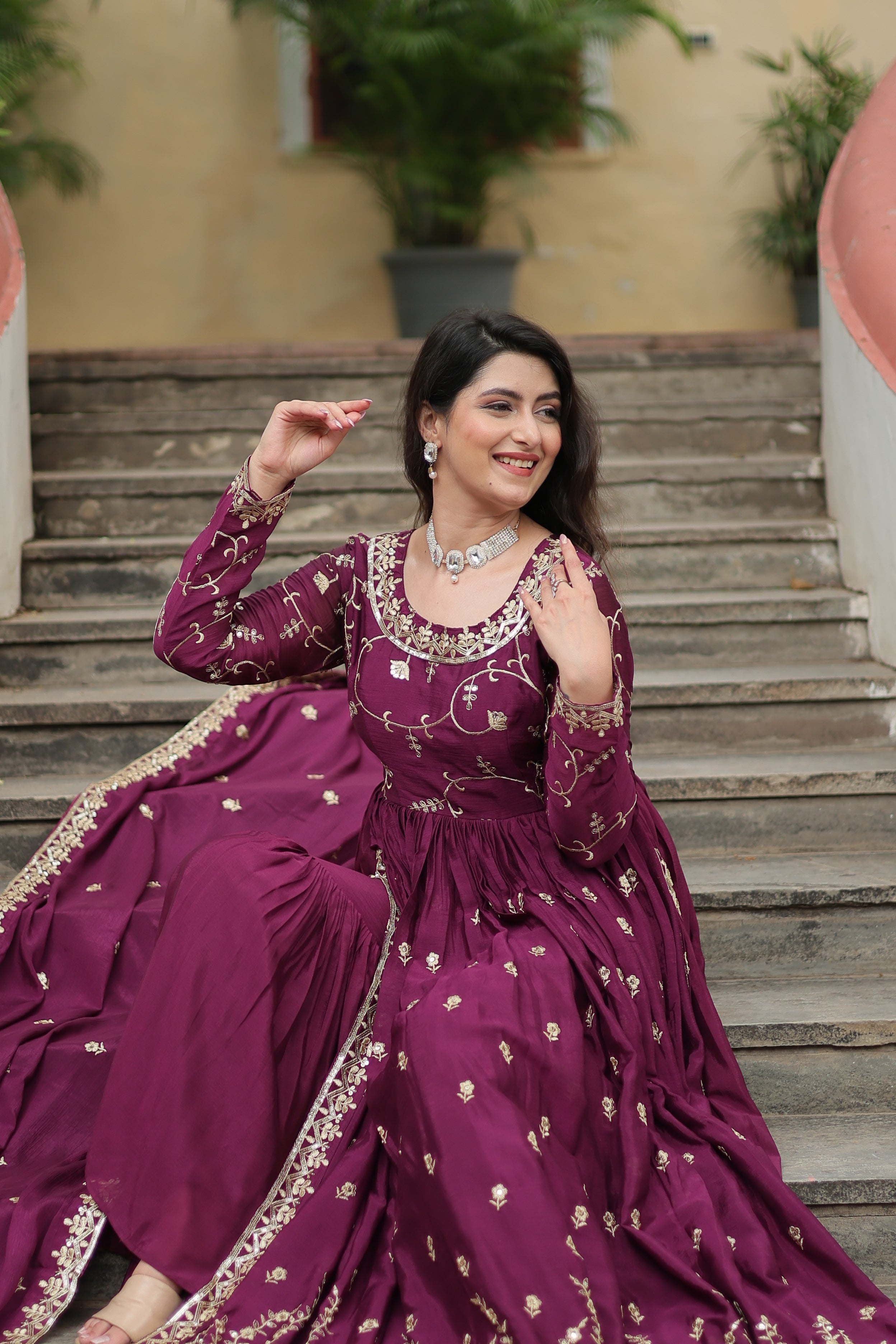 Wine Designer Readymade Top-Sharara-Dupatta Sequins Embroidered Chinon Suit