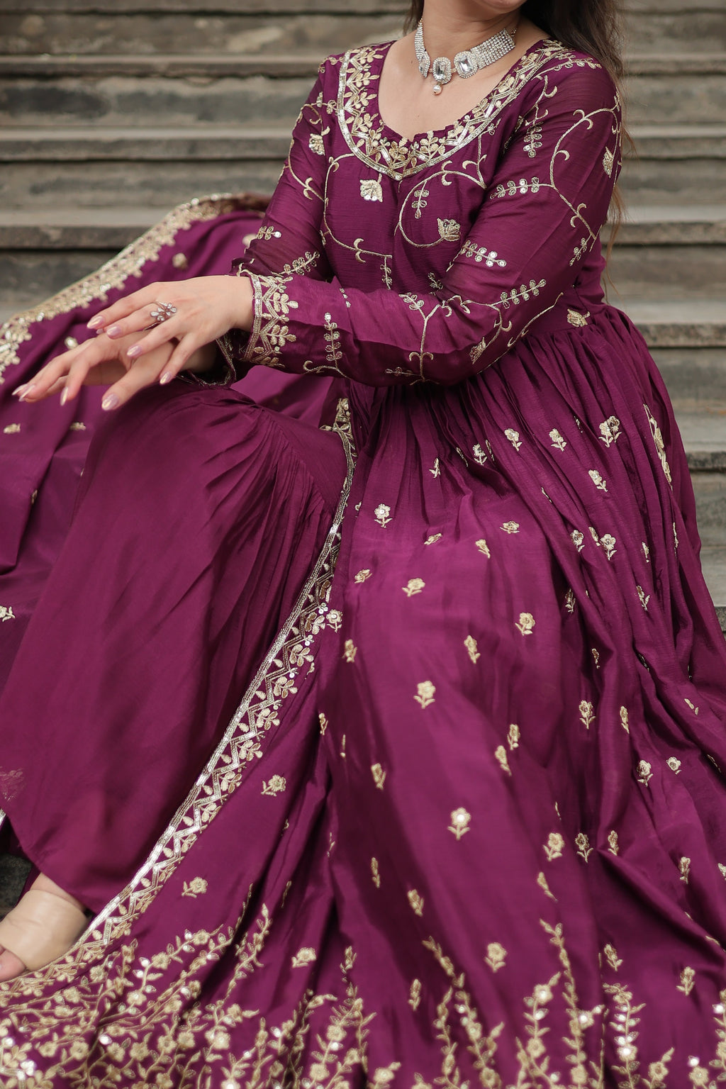Wine Designer Readymade Top-Sharara-Dupatta Sequins Embroidered Chinon Suit