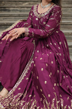 Wine Designer Readymade Top-Sharara-Dupatta Sequins Embroidered Chinon Suit