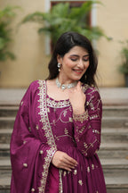 Wine Designer Readymade Top-Sharara-Dupatta Sequins Embroidered Chinon Suit